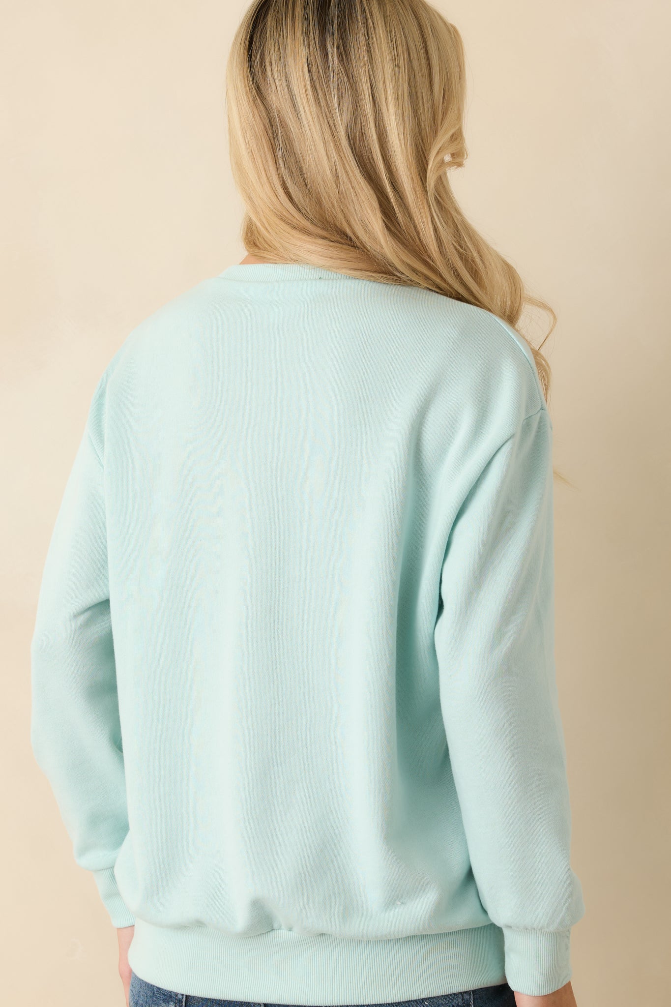 Back view of the sweatshirt displaying the smooth mint green knit fabric and relaxed silhouette.