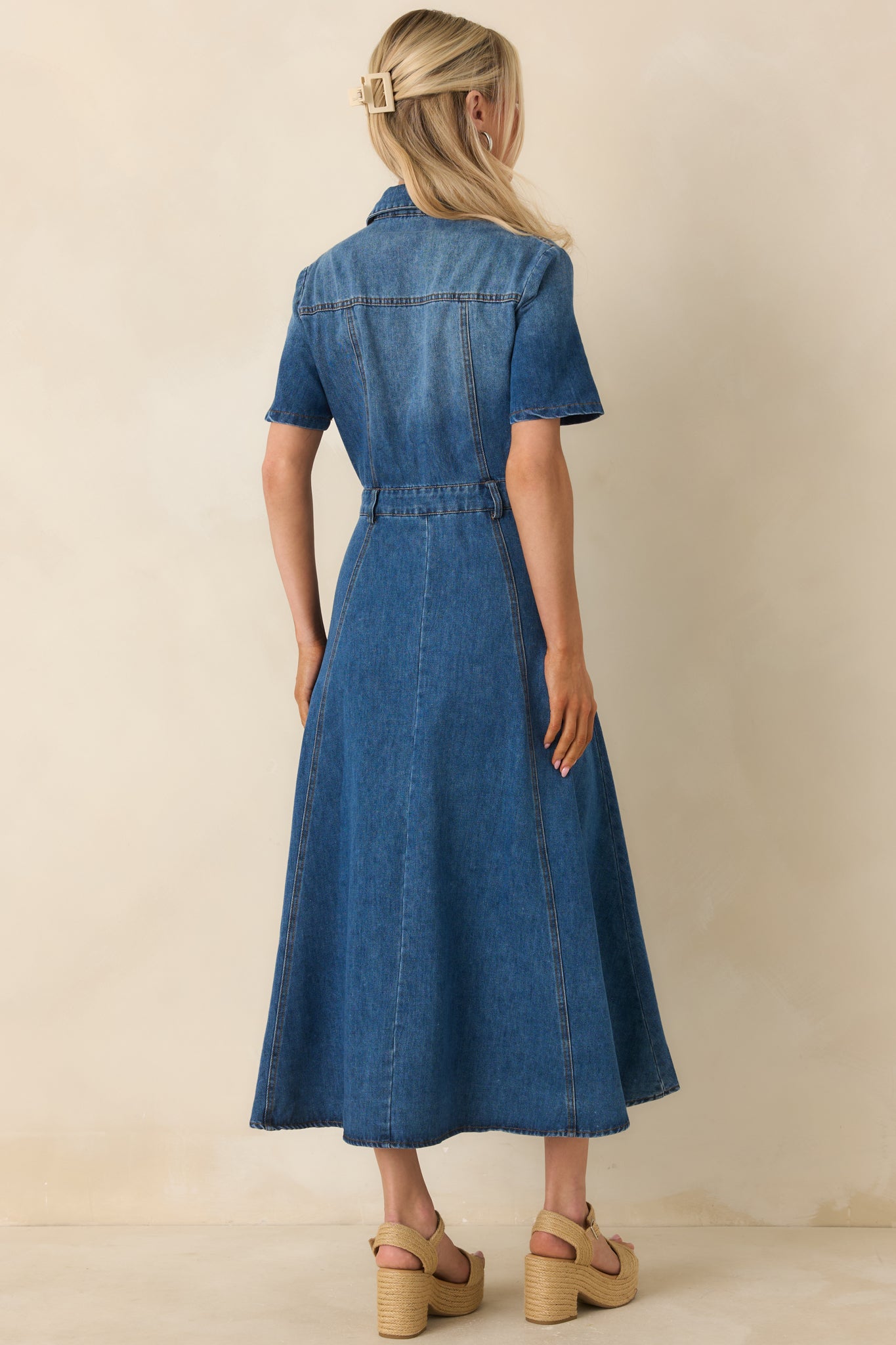 Red Dress | Medium Wash Cotton Denim Midi Dress - All Dresses