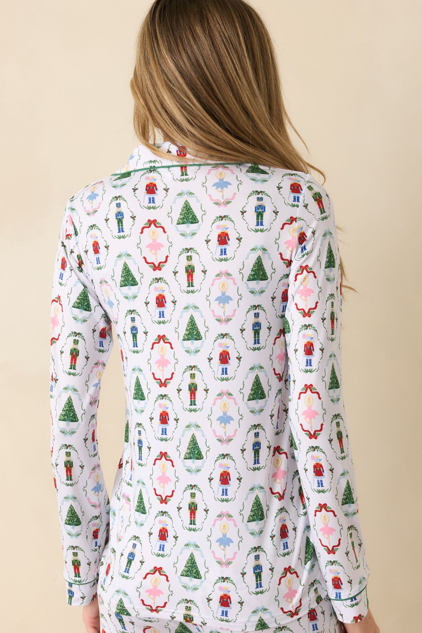 Back view of the pajama top showcasing the full-print design and relaxed long sleeve silhouette.