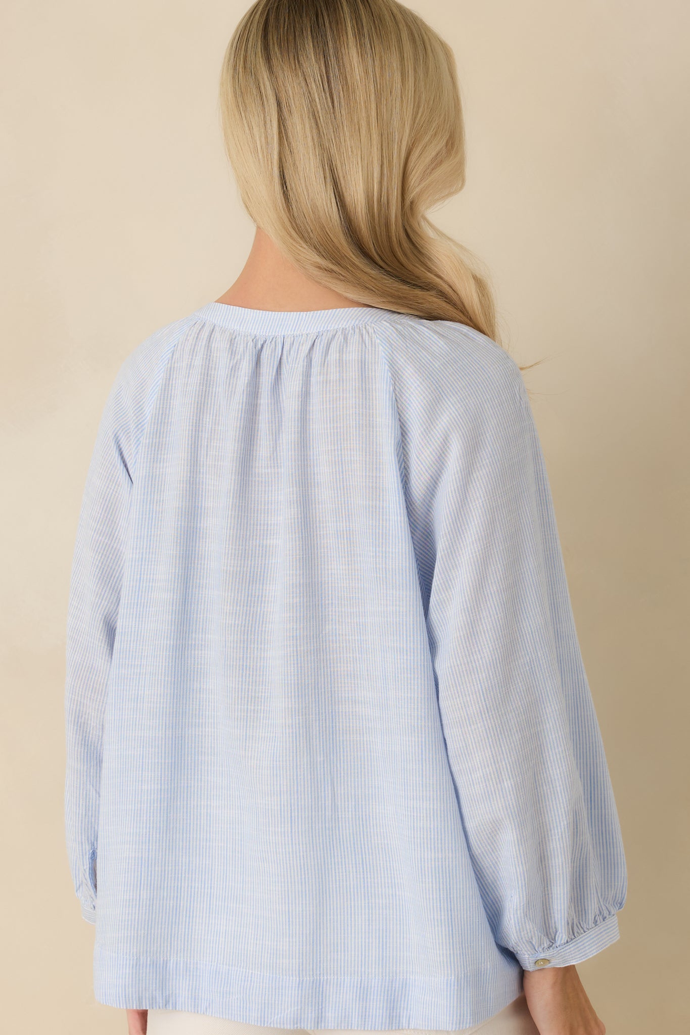 Back view of the blouse showing smooth back fabric, raglan sleeves, and relaxed drape.
