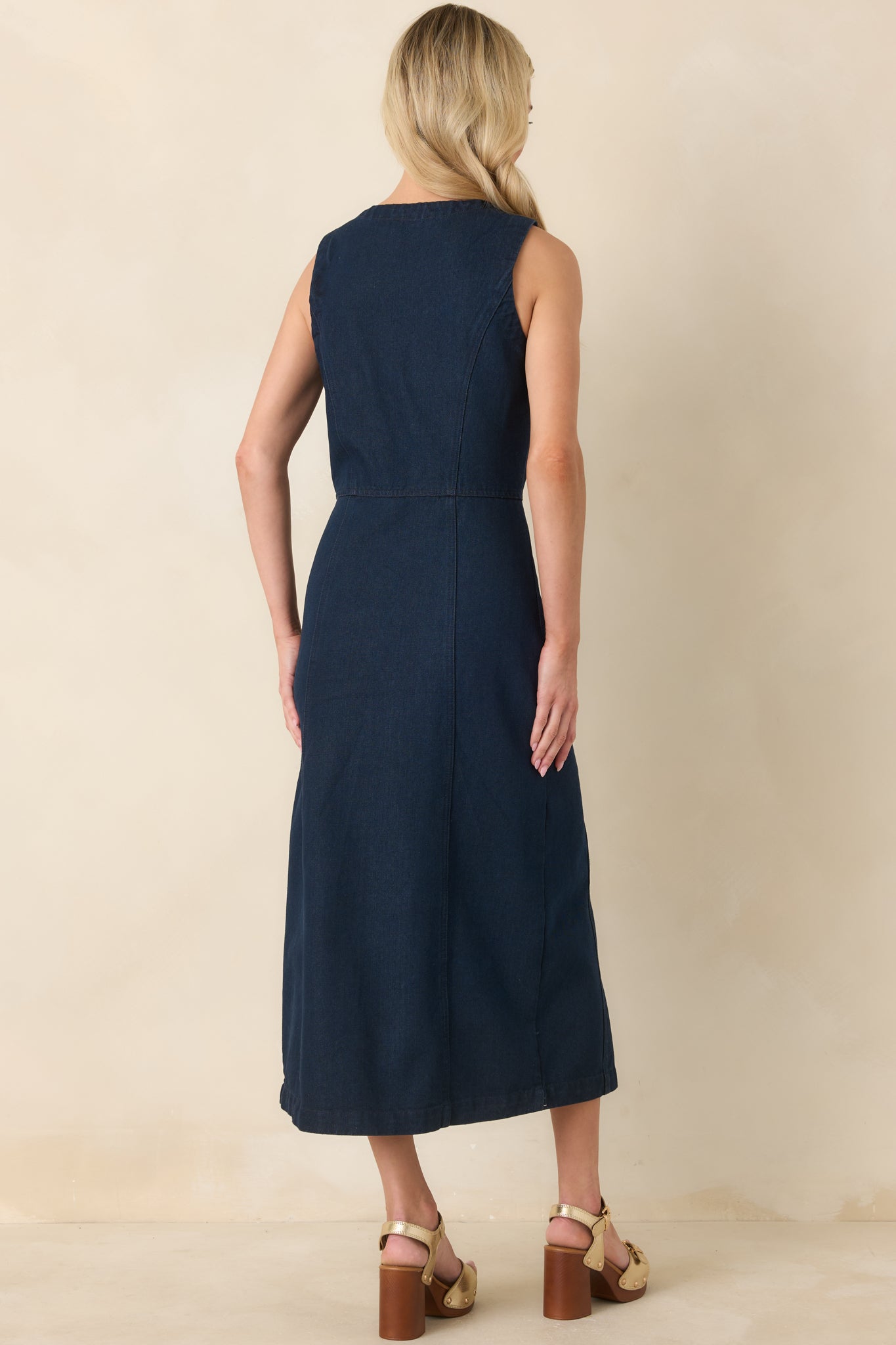 Red Dress | Indigo Cotton Denim Button-Front Midi Dress - All Dresses