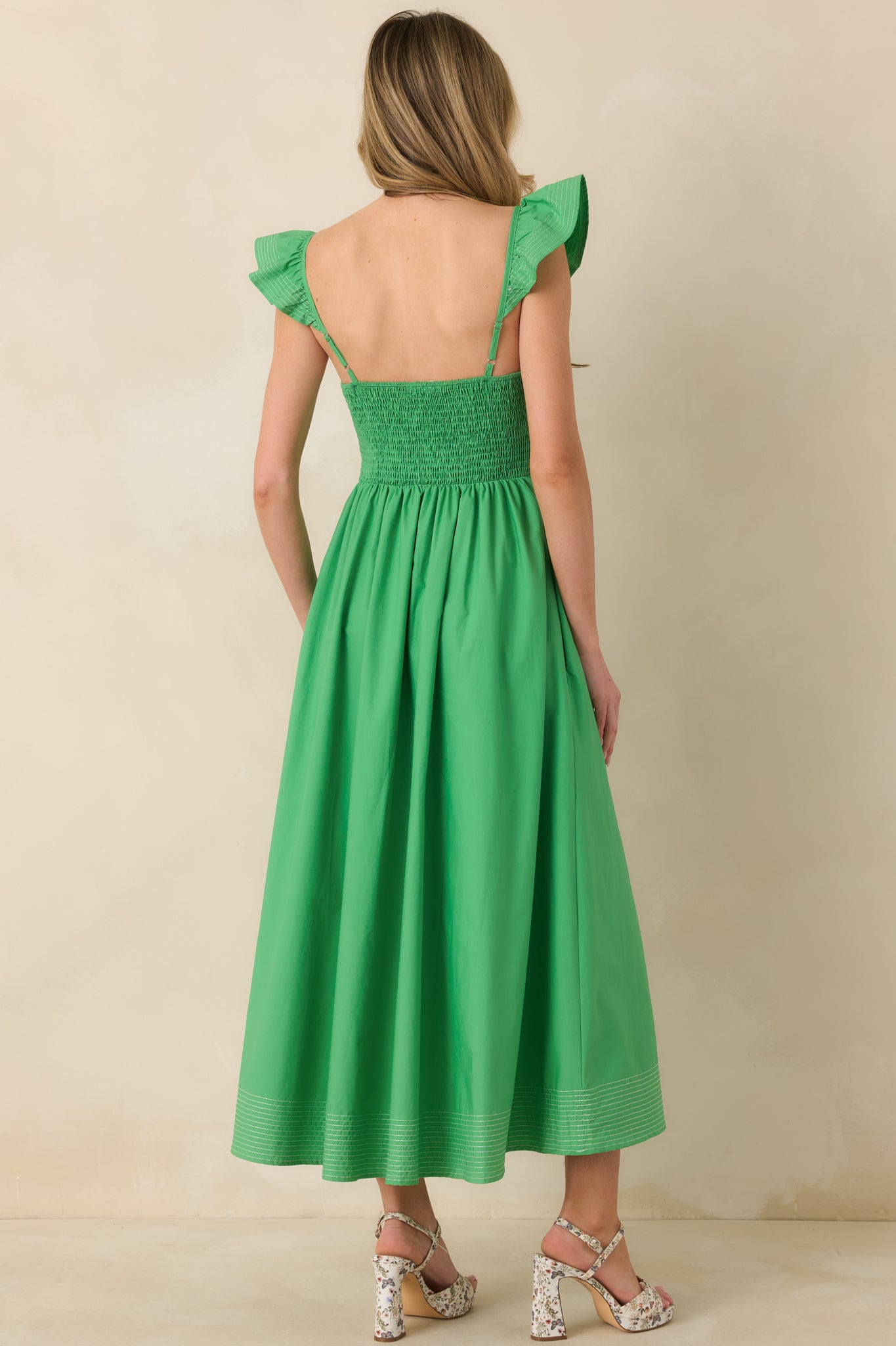 Green Cotton Cut Out Detail Flutter Sleeve Midi Dress - All Dresses