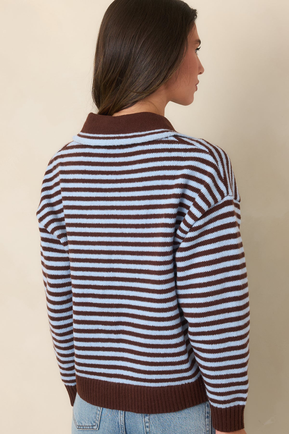 Back view of horizontal striped top finished with chocolate brown ribbed edging throughout.
