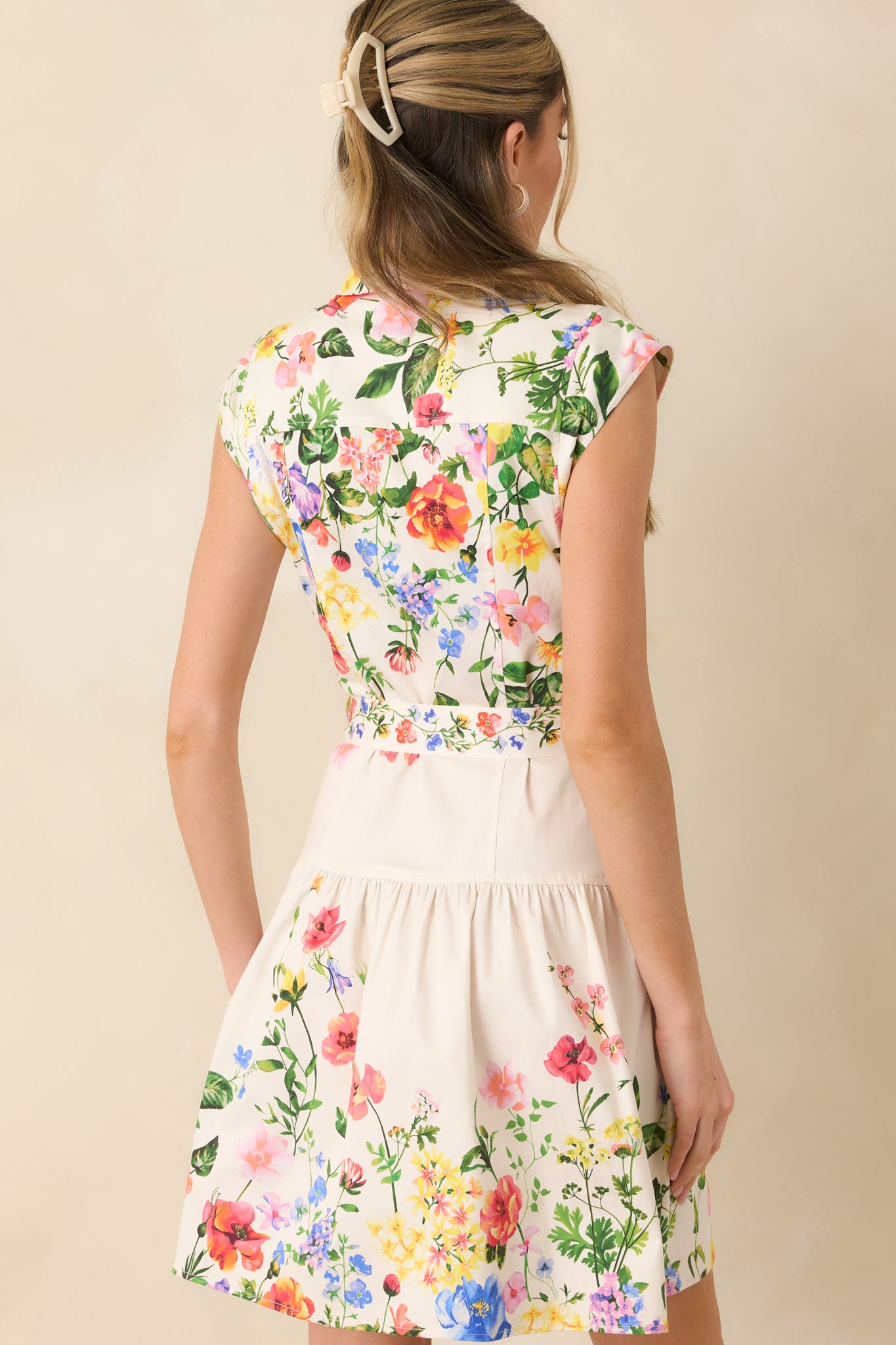White Multi Cotton Floral Tie Belt Mini Dress - All Dresses | Red Dress