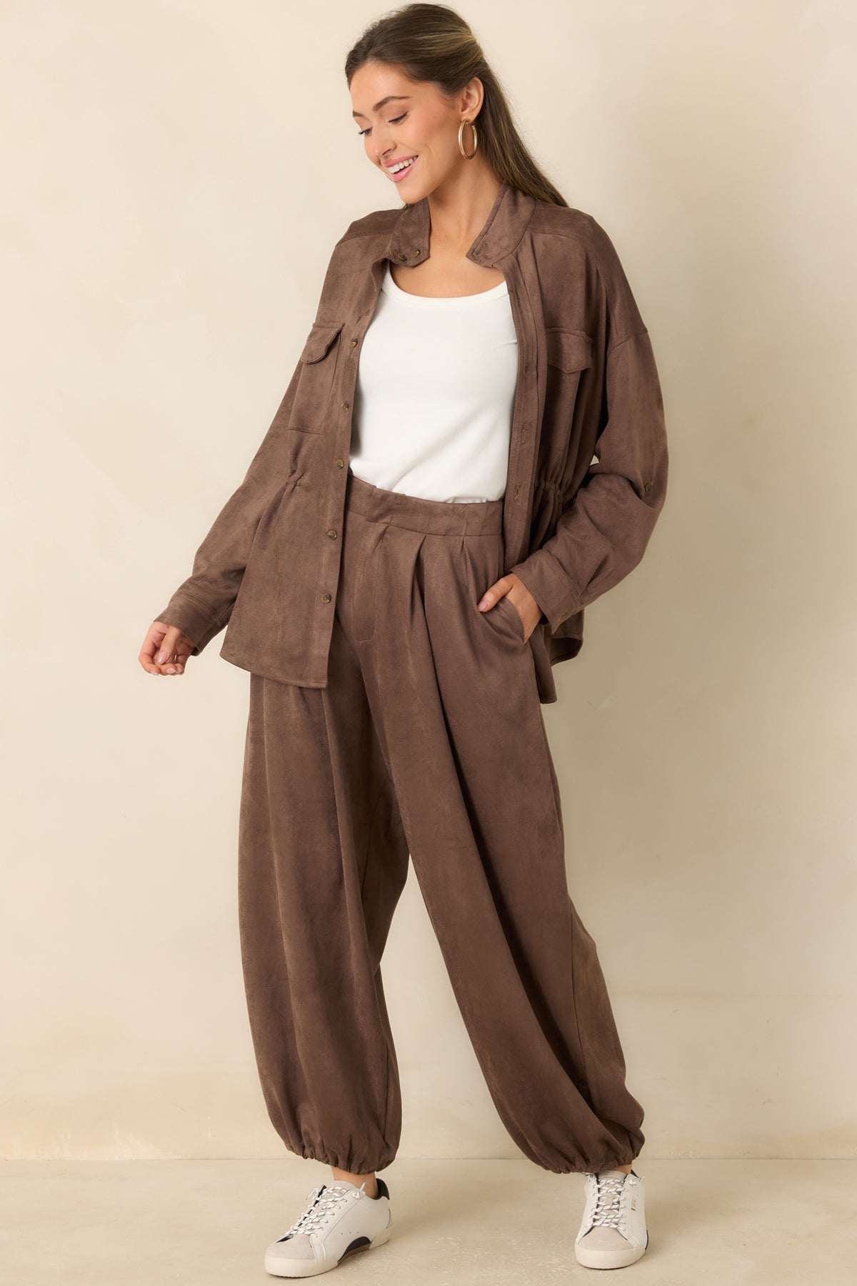 Balloon-leg faux suede pants with a clean waistband and voluminous shape.