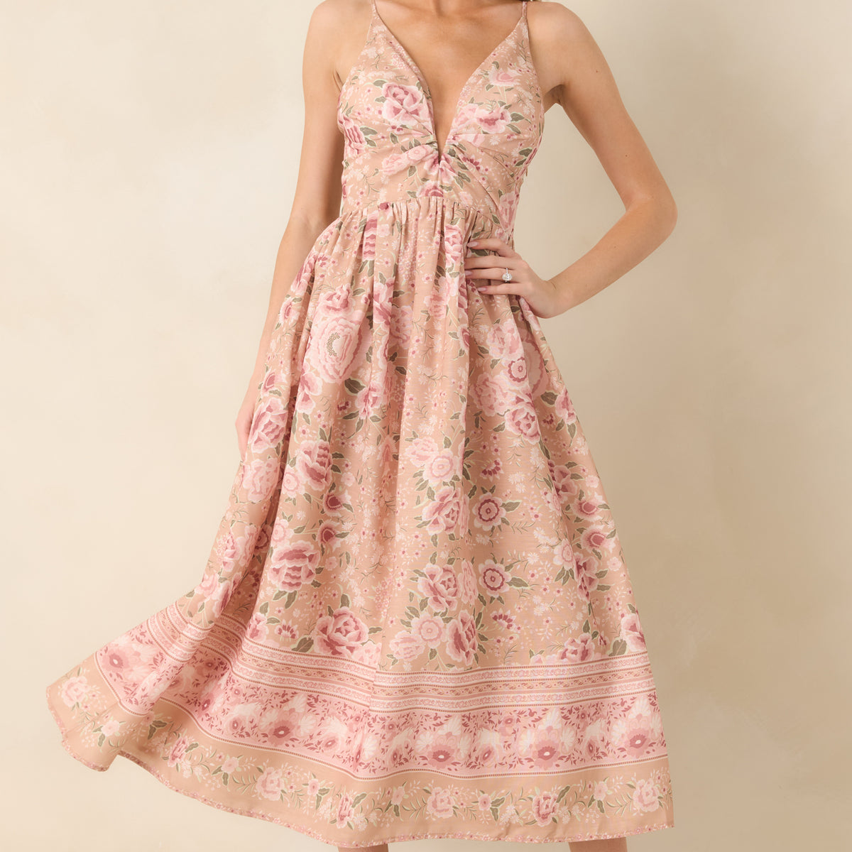 Totally in Love Beige & Pink Floral Deep V-Neck Midi Dress