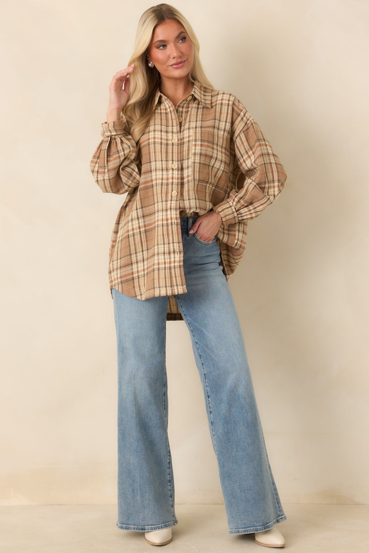 Relaxed cotton plaid shirt featuring beige, ivory, brown, and muted rust checks, a pointed collar, button front, and long sleeves.