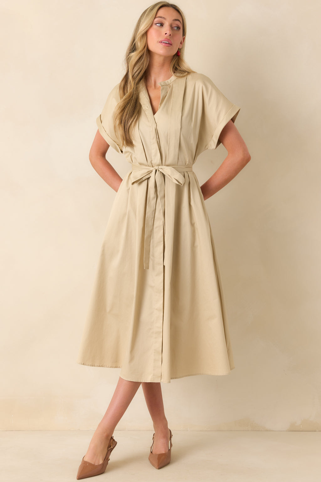 Beige Cotton Button Front Midi Dress - All Dresses