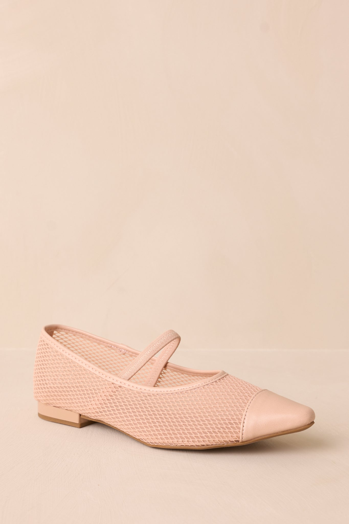 Angled view of the beige flats showing the pointed toe, elastic strap, and fishnet detailing.