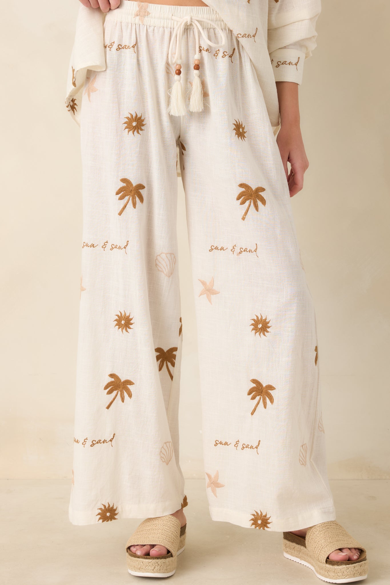 Women's Driftwood Days Light Beige Cotton Coastal Embroidered Wide Leg Pants | Size: S
