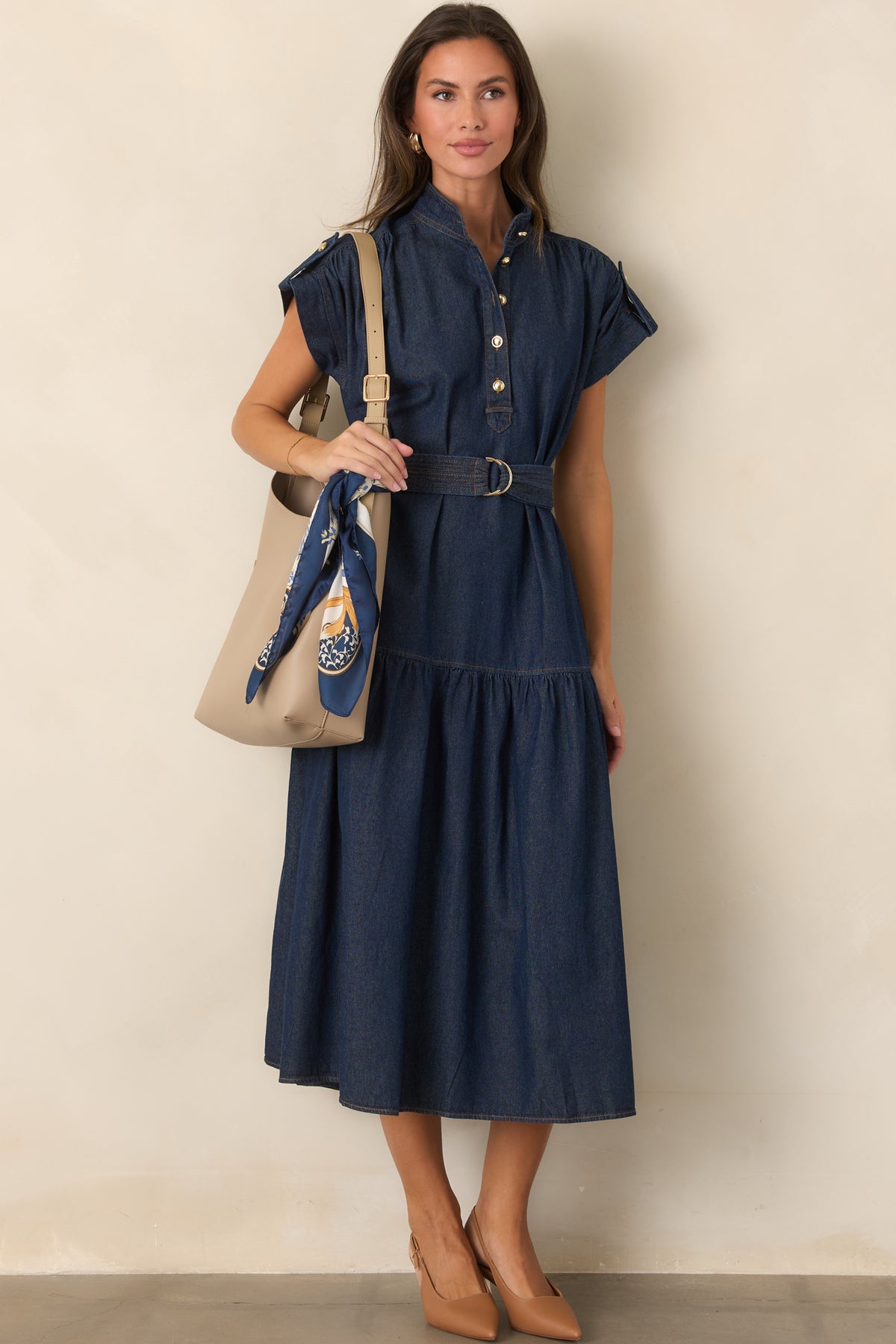 Belted cotton-rich dress with gathered shoulders and structured cap sleeves.
