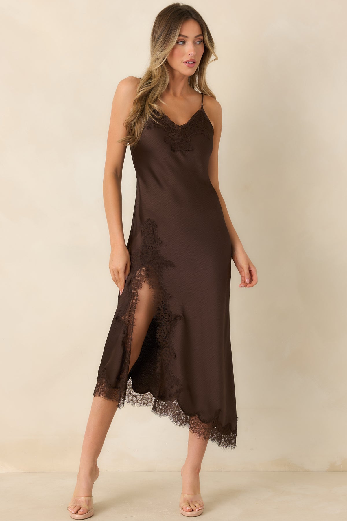 Bias-cut midi dress with a smooth satin finish and lace detailing at the side slit.