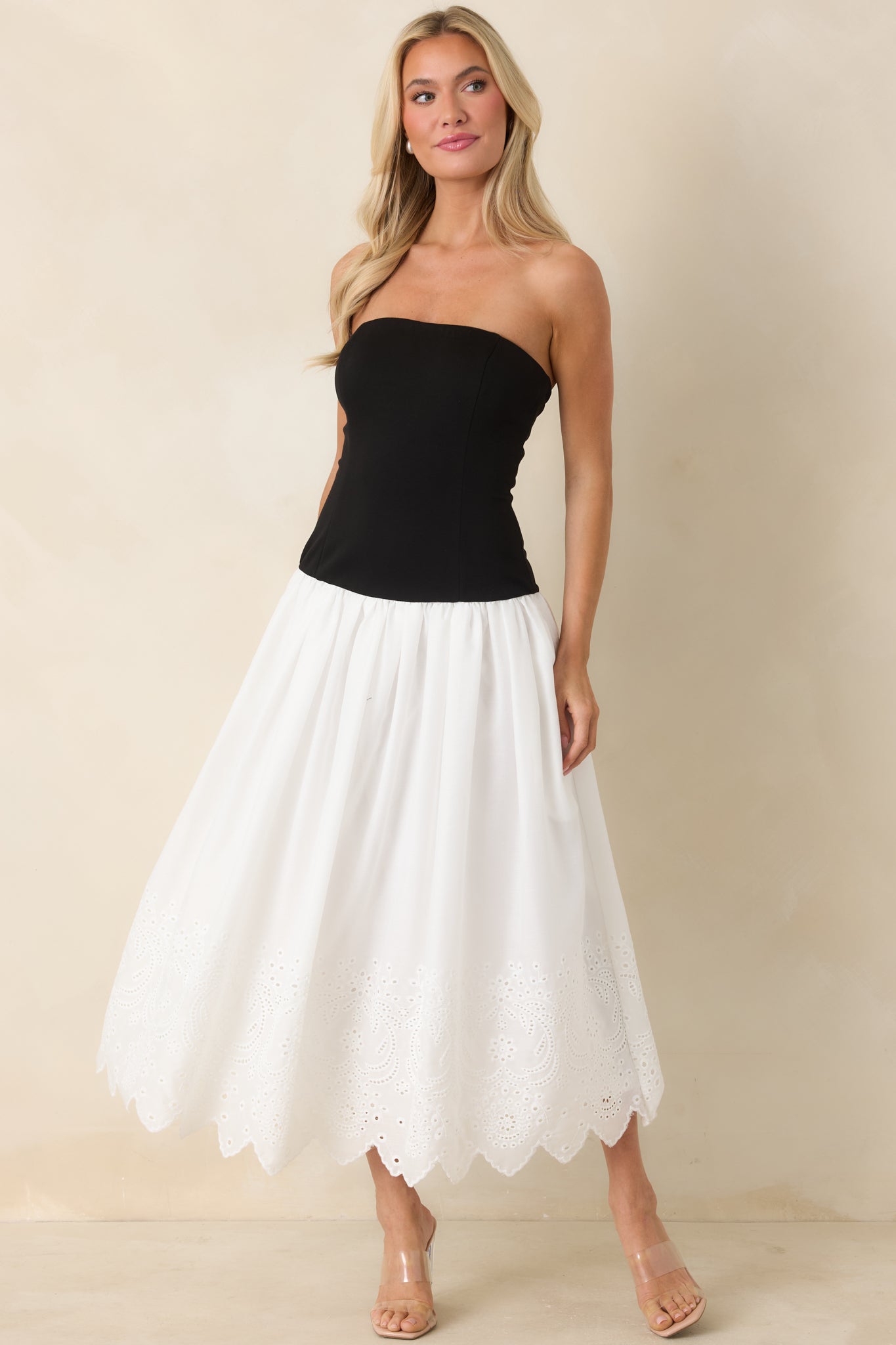 Women's It's a Classic Black & White Cotton Eyelet Strapless Midi Dress | Size: S | Red Dress Women's It's a Classic Black & White Cotton Eyelet Strapless Midi Dress | Size: S | Red Dress