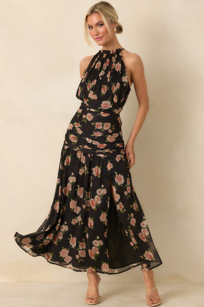 red black floral maxi dress Multi Pattern Gathered Chiffon Halter - All Dresses Cal State Channel Islands Color:E84 Hips 37.4 in (95 GANNI Velvet Jersey Ruched