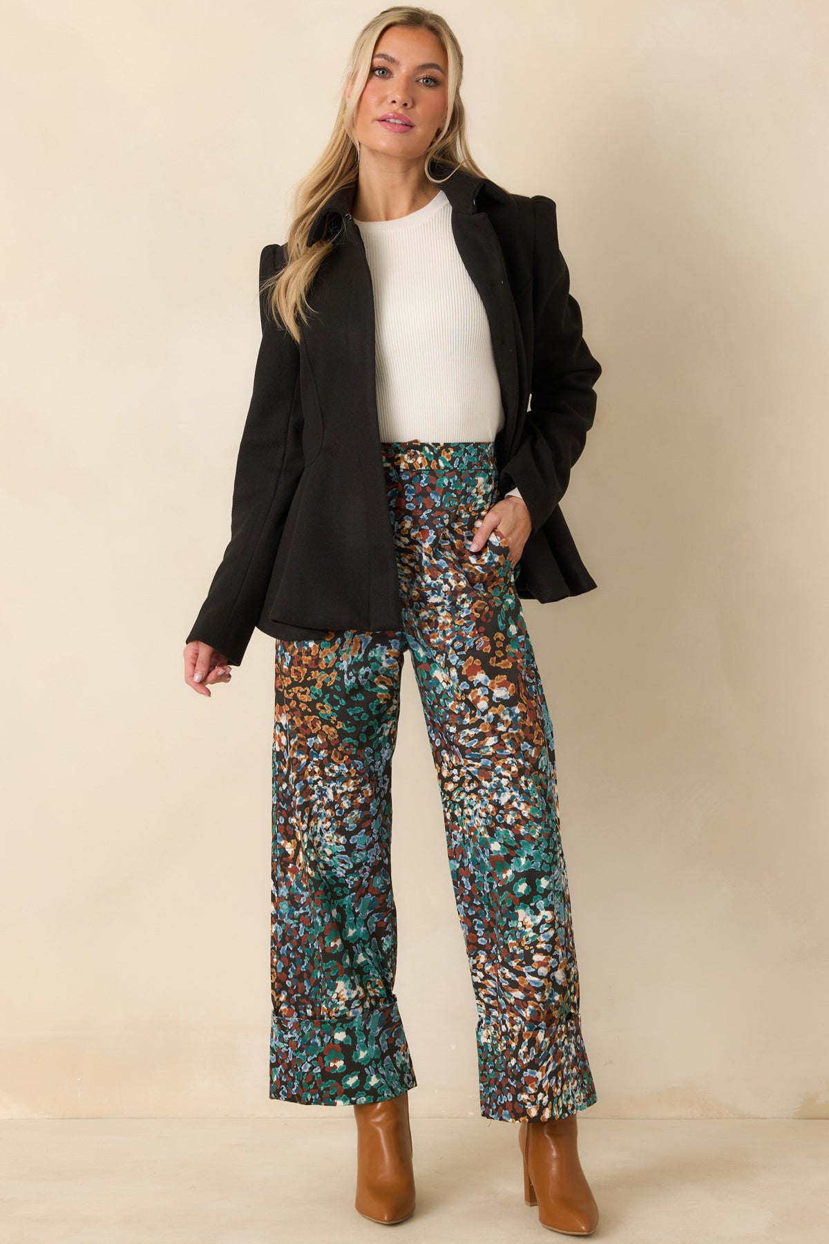 Black cropped pants featuring the colorful abstract animal print and high-rise tailored silhouette.
