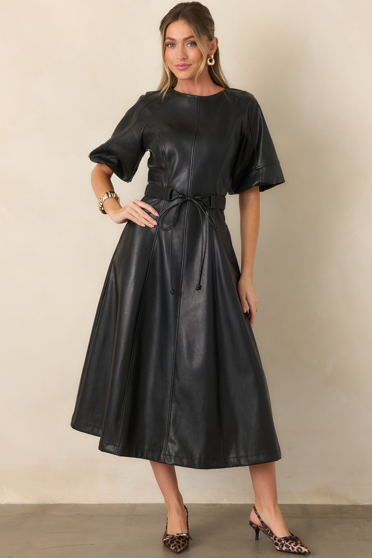 Something to Behold Black Faux Leather Short Sleeve Belted Midi Dress