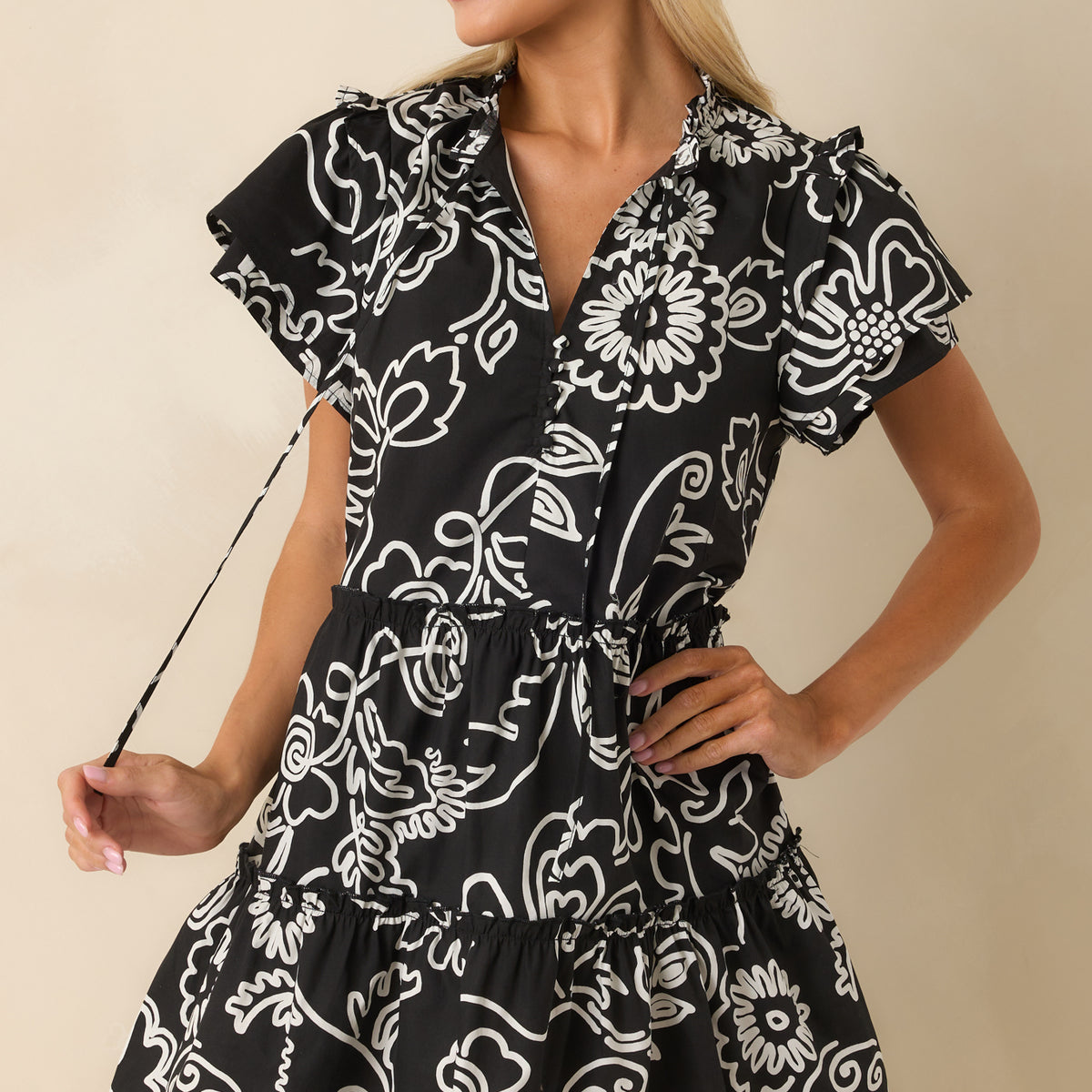 Black Floral Cotton Mini Dress - Short Sleeve Dresses