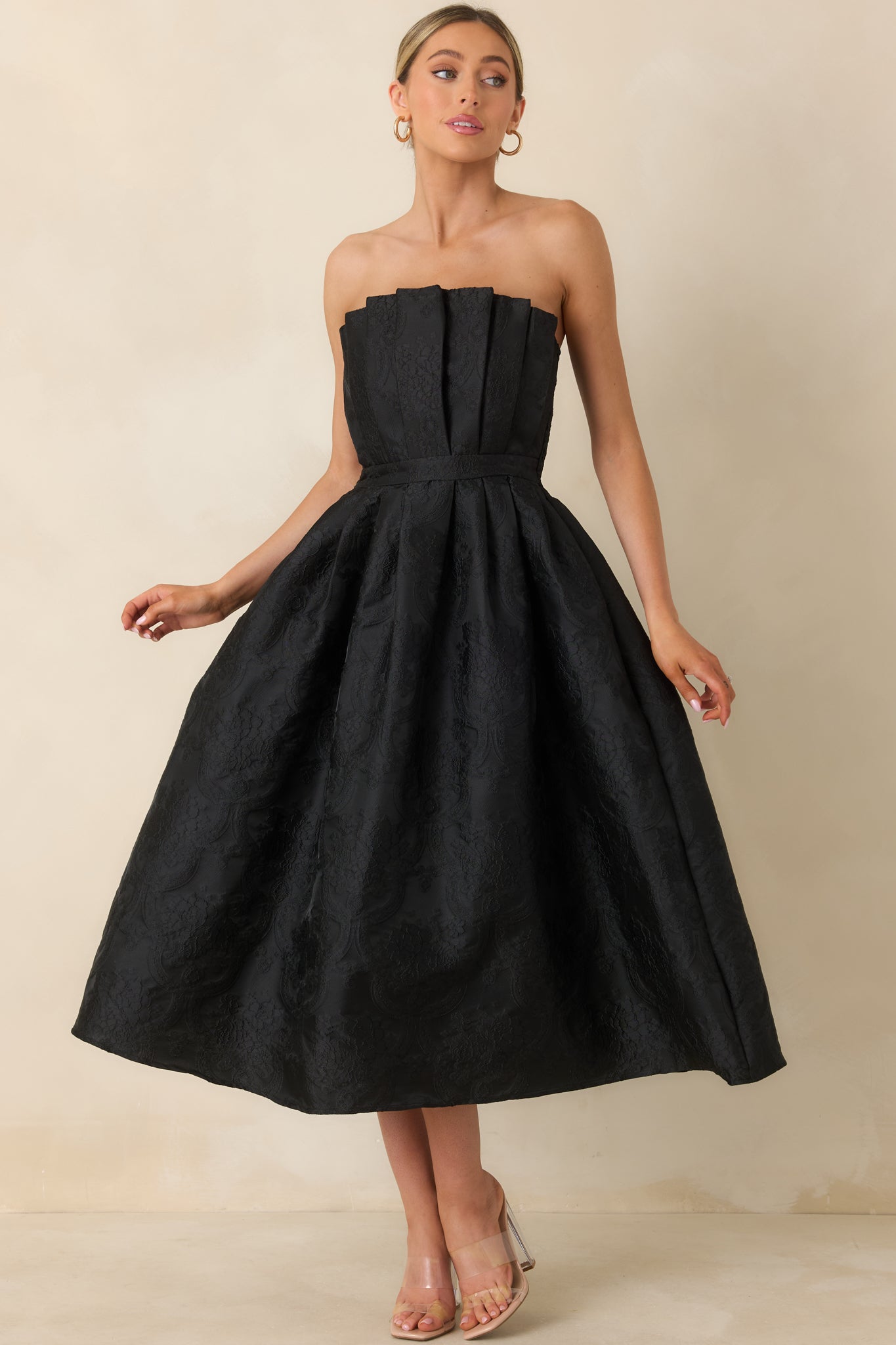 black jacquard midi dress Women's The Genevieve Black Jacquard Strapless Midi Dress | Size: L