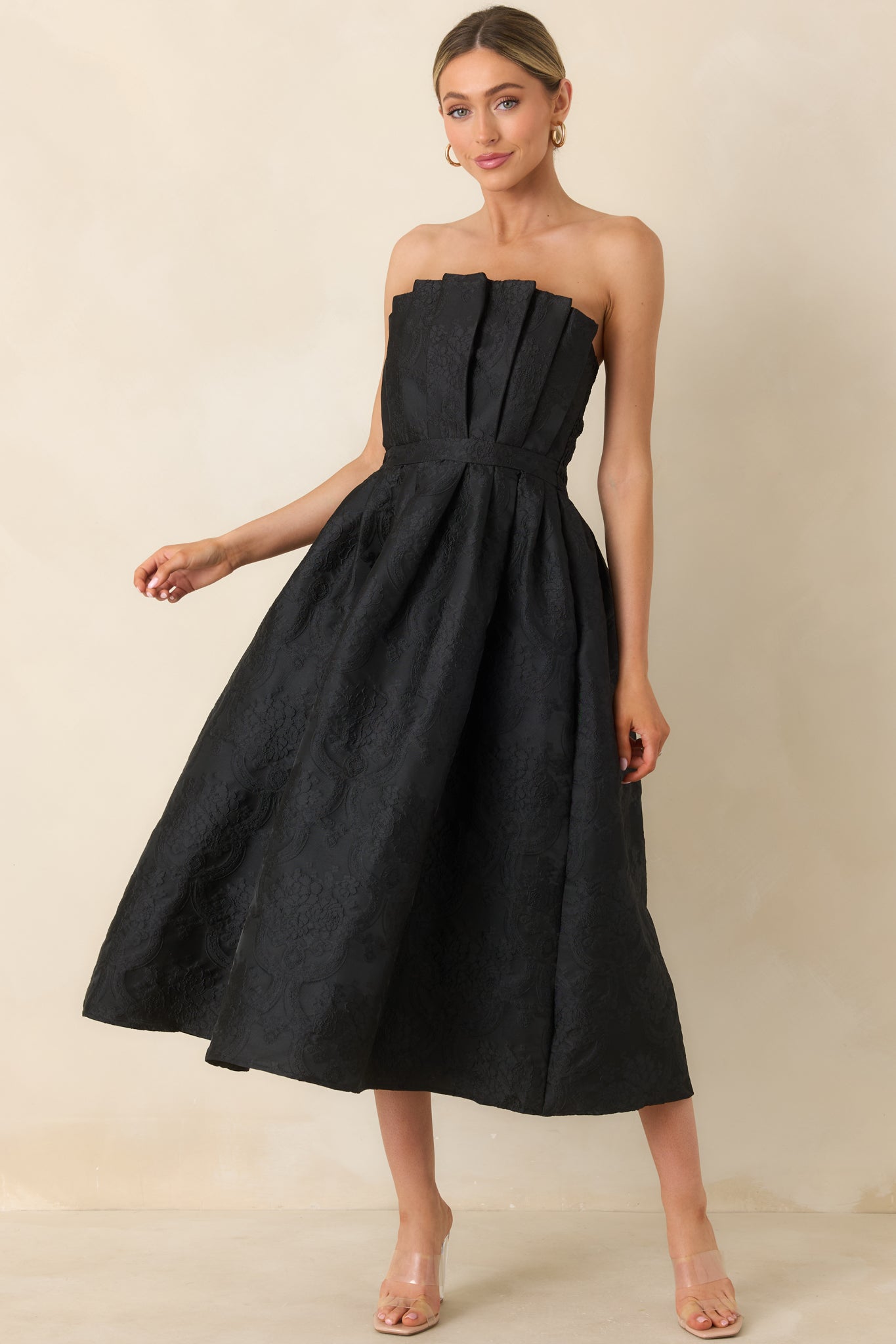 Women's The Genevieve Black Jacquard Strapless Midi Dress | Size: L | Red Dress Women's The Genevieve Black Jacquard Strapless Midi Dress | Size: L | Red Dress