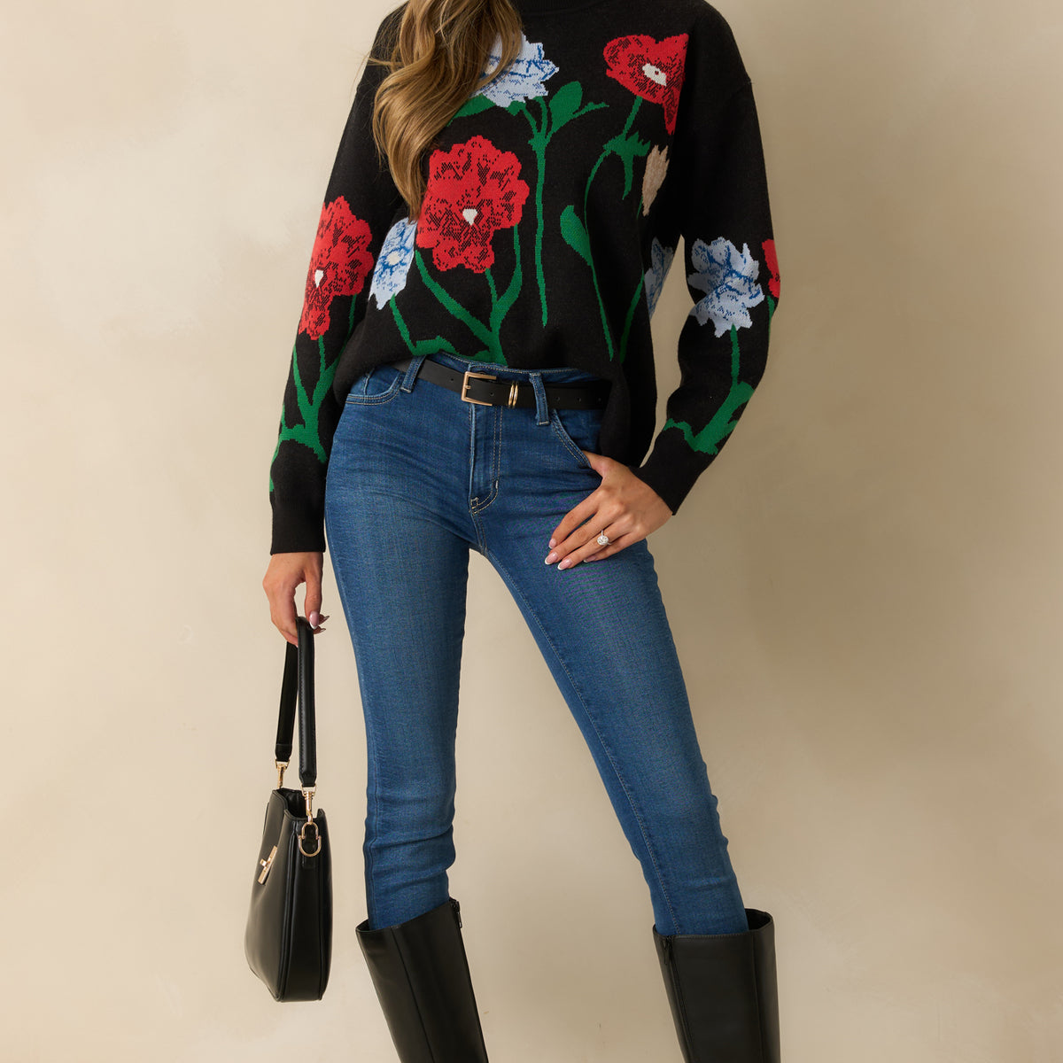 Black Multi Floral Knit Sweater - Women's Tops | Red Dress
