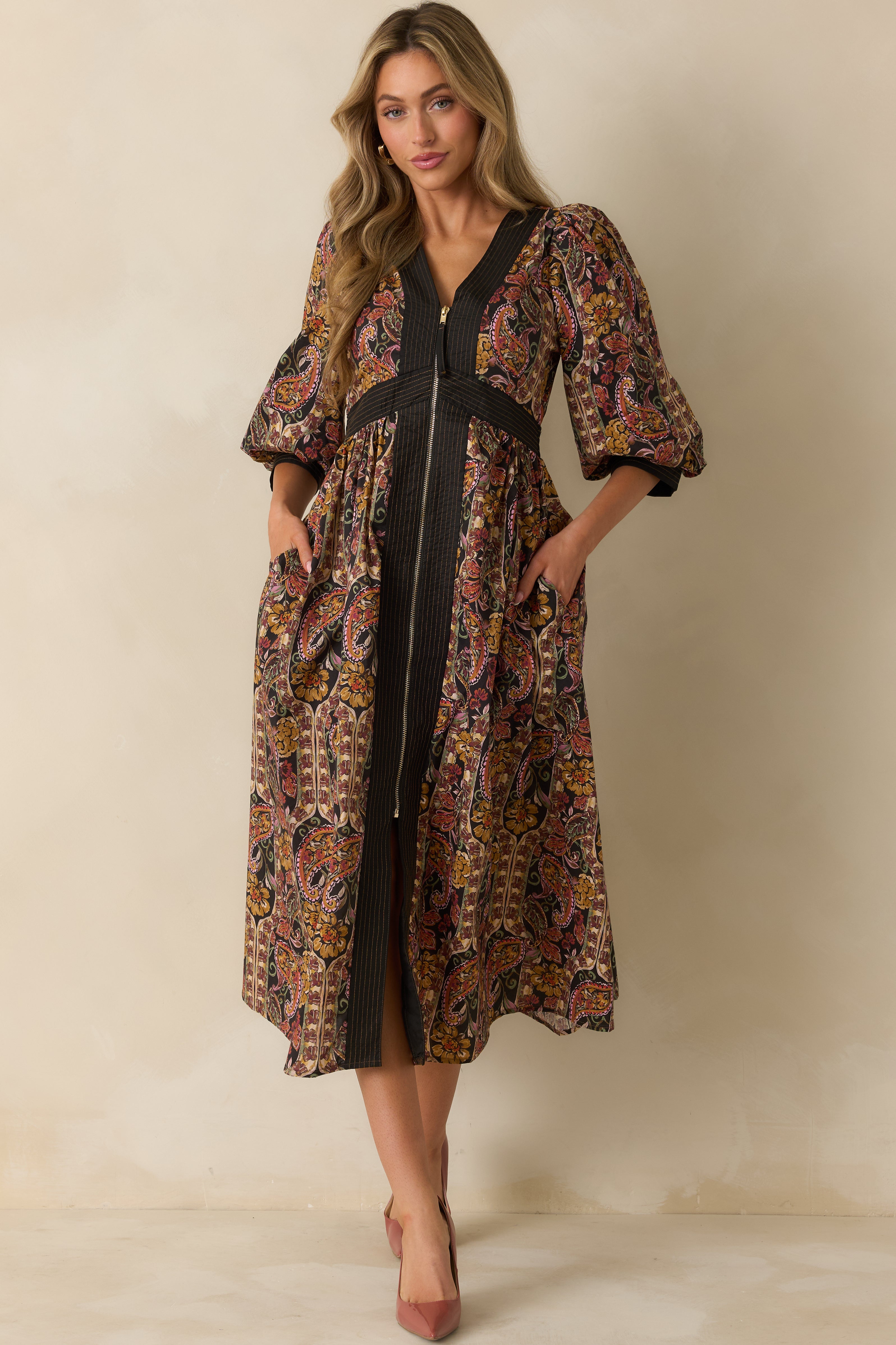 Black Multi Floral Paisley Print Cotton Zip Up Maxi Dress