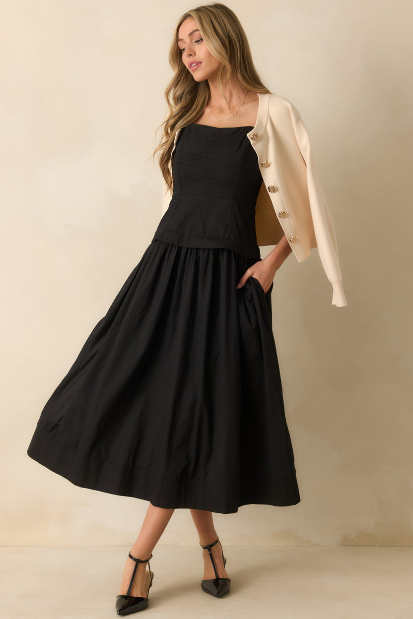 Black Cotton Sleeveless Midi Dress