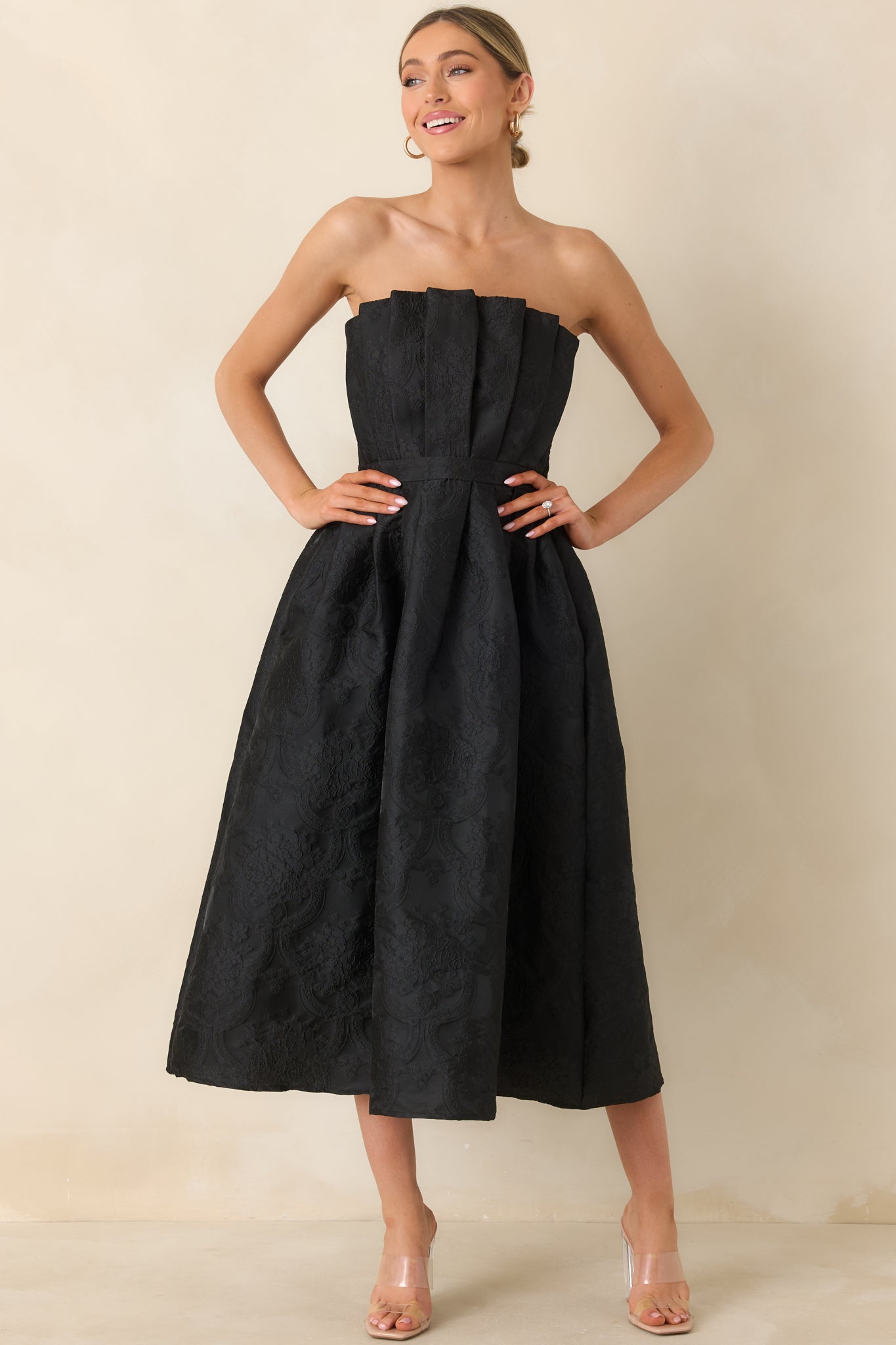 The Genevieve Black Jacquard Strapless Midi Dress - All Dresses