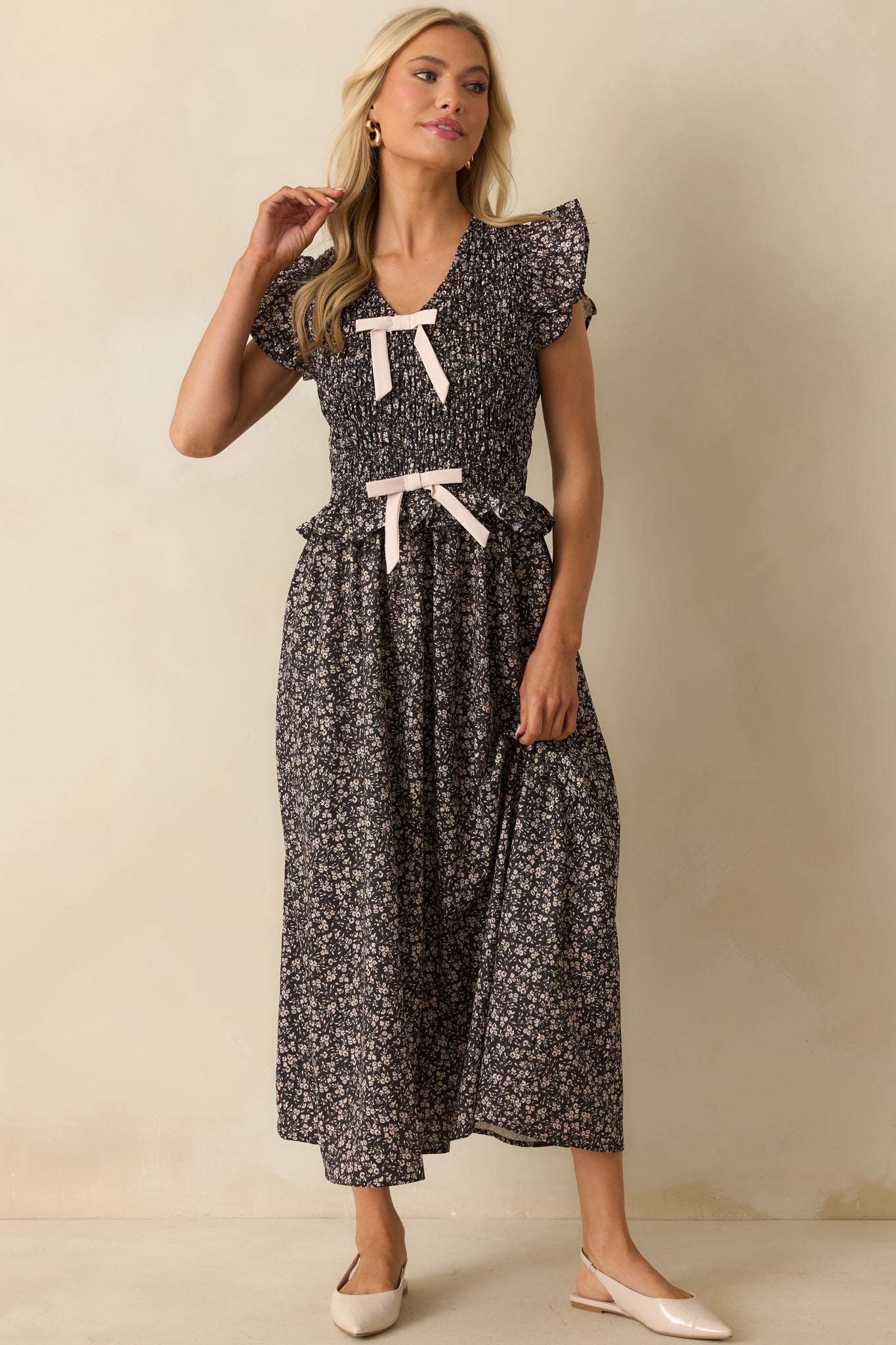 Black Floral Print Flutter Sleeve Maxi Dress - All Dresses