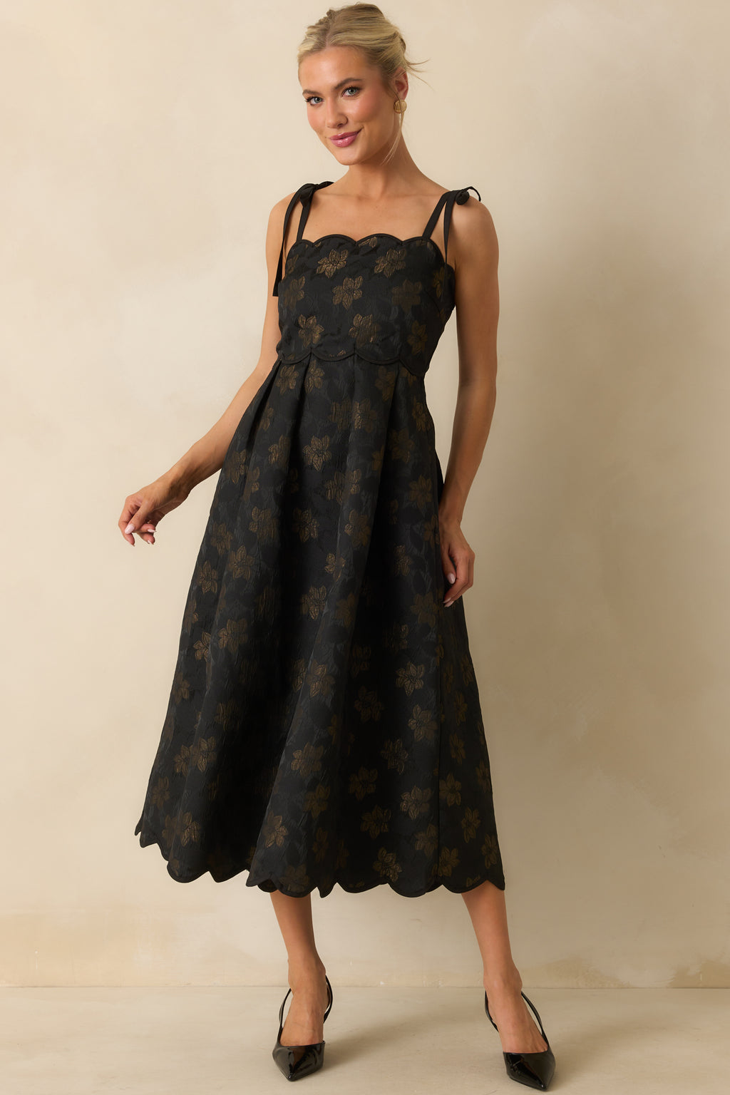 Black Floral Jacquard Scallop Hem Midi Dress - All Dresses