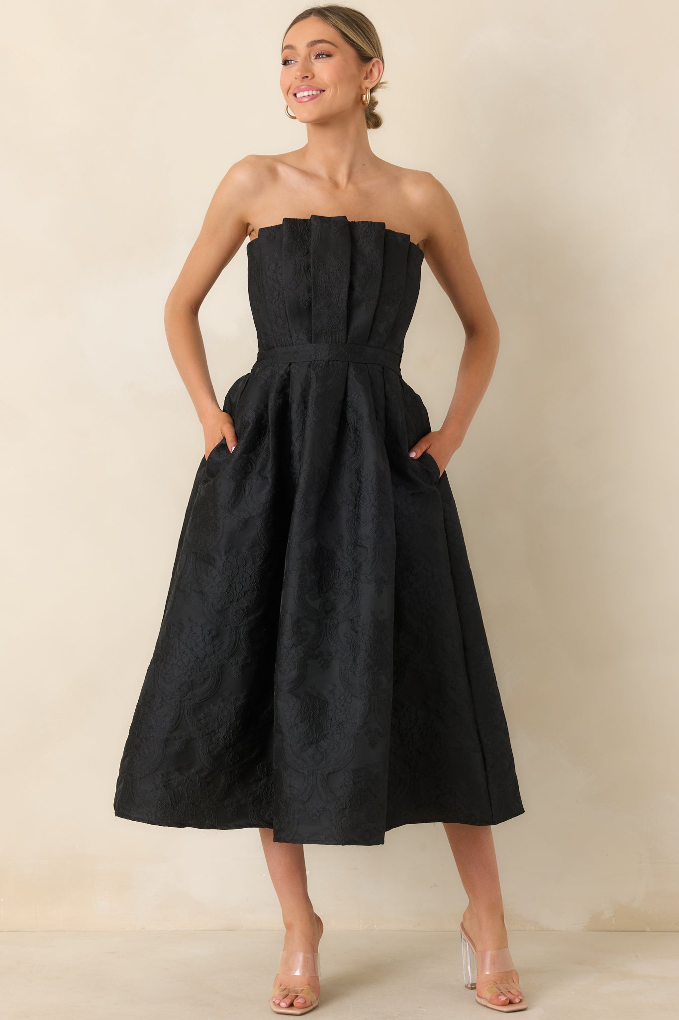 Women's The Genevieve Black Jacquard Strapless Midi Dress | Size: L | Red Dress Women's The Genevieve Black Jacquard Strapless Midi Dress | Size: L | Red Dress