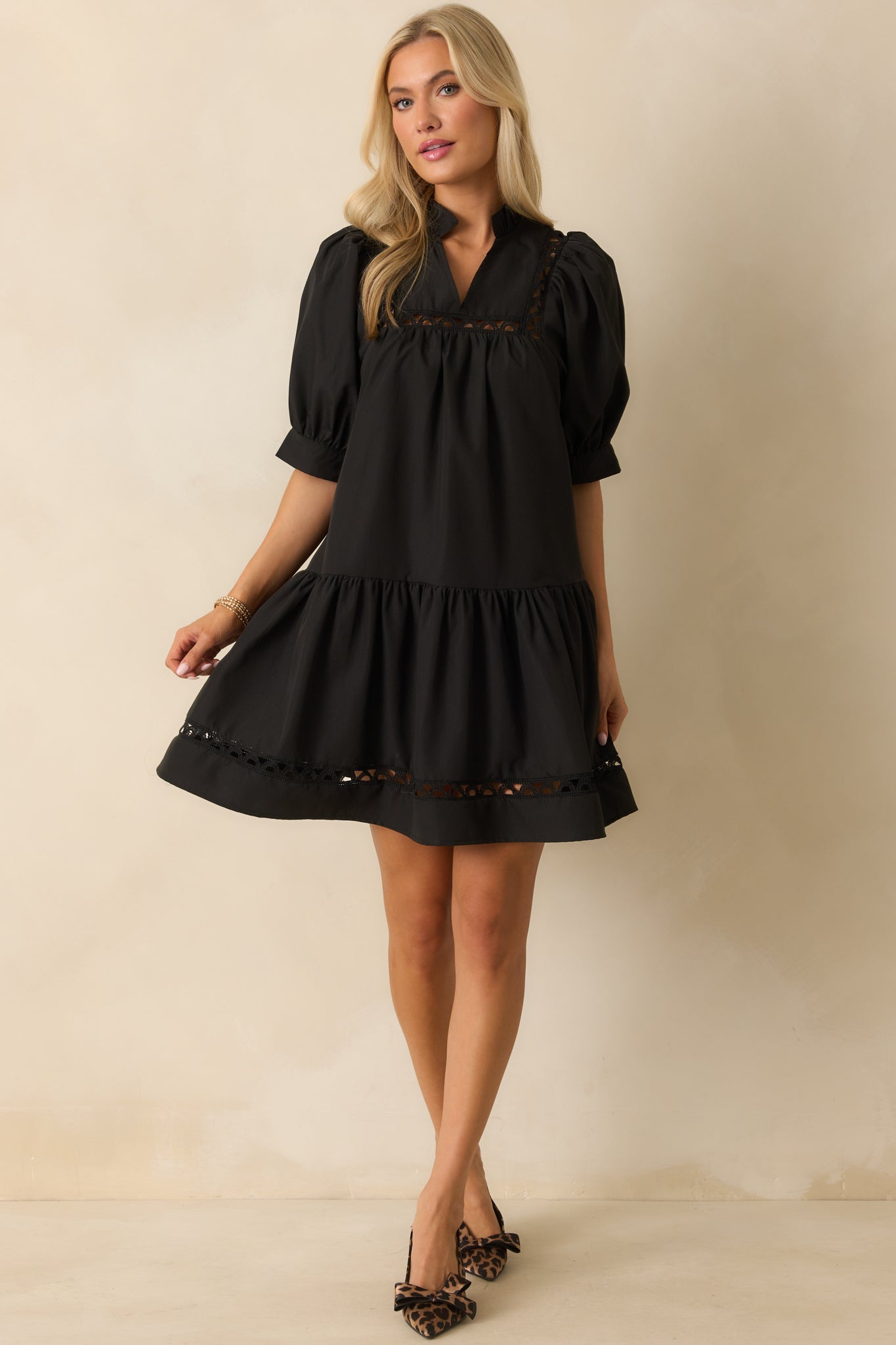 Black Embroidered Eyelet Mini Dress - Women's Casual Dress