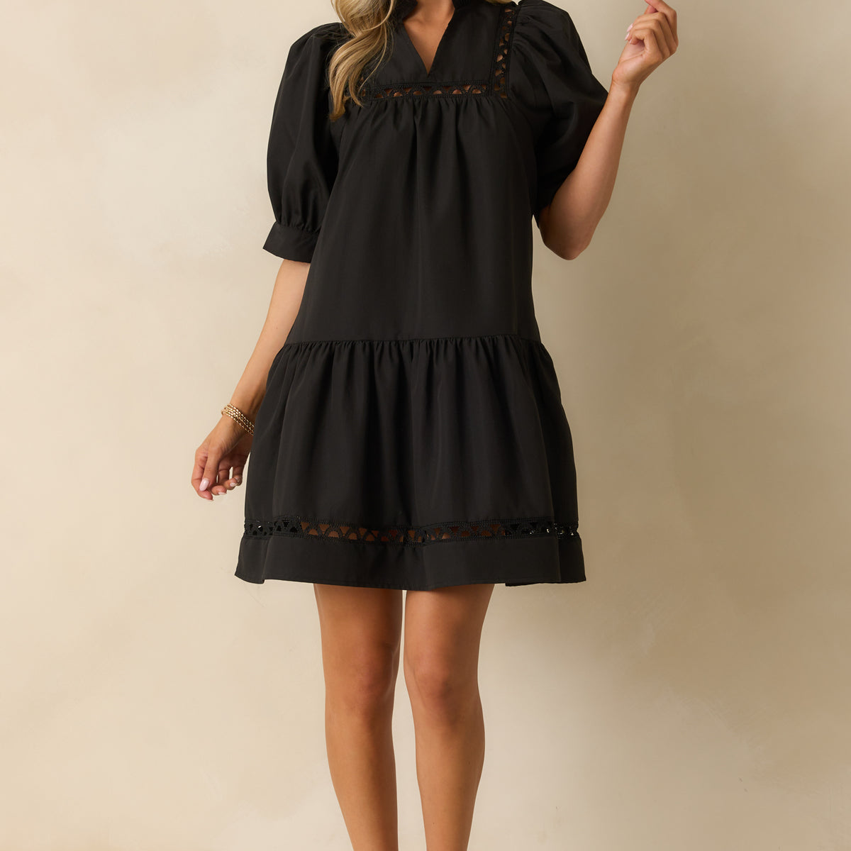Black-Mini-Dress-Ruffle-Vneck-