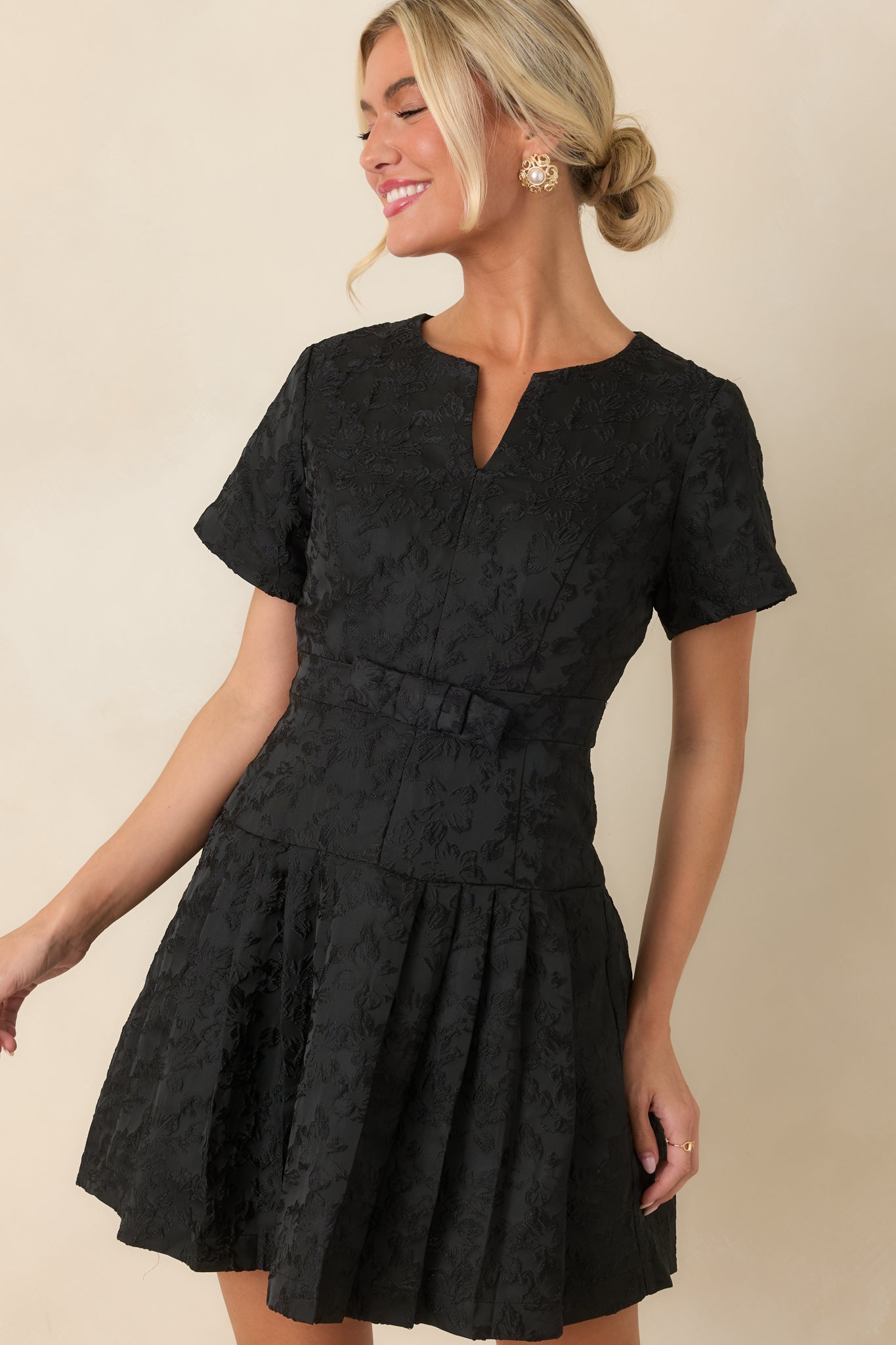 The Perfect Introduction Black Floral Jacquard Mini Dress | Red Dress