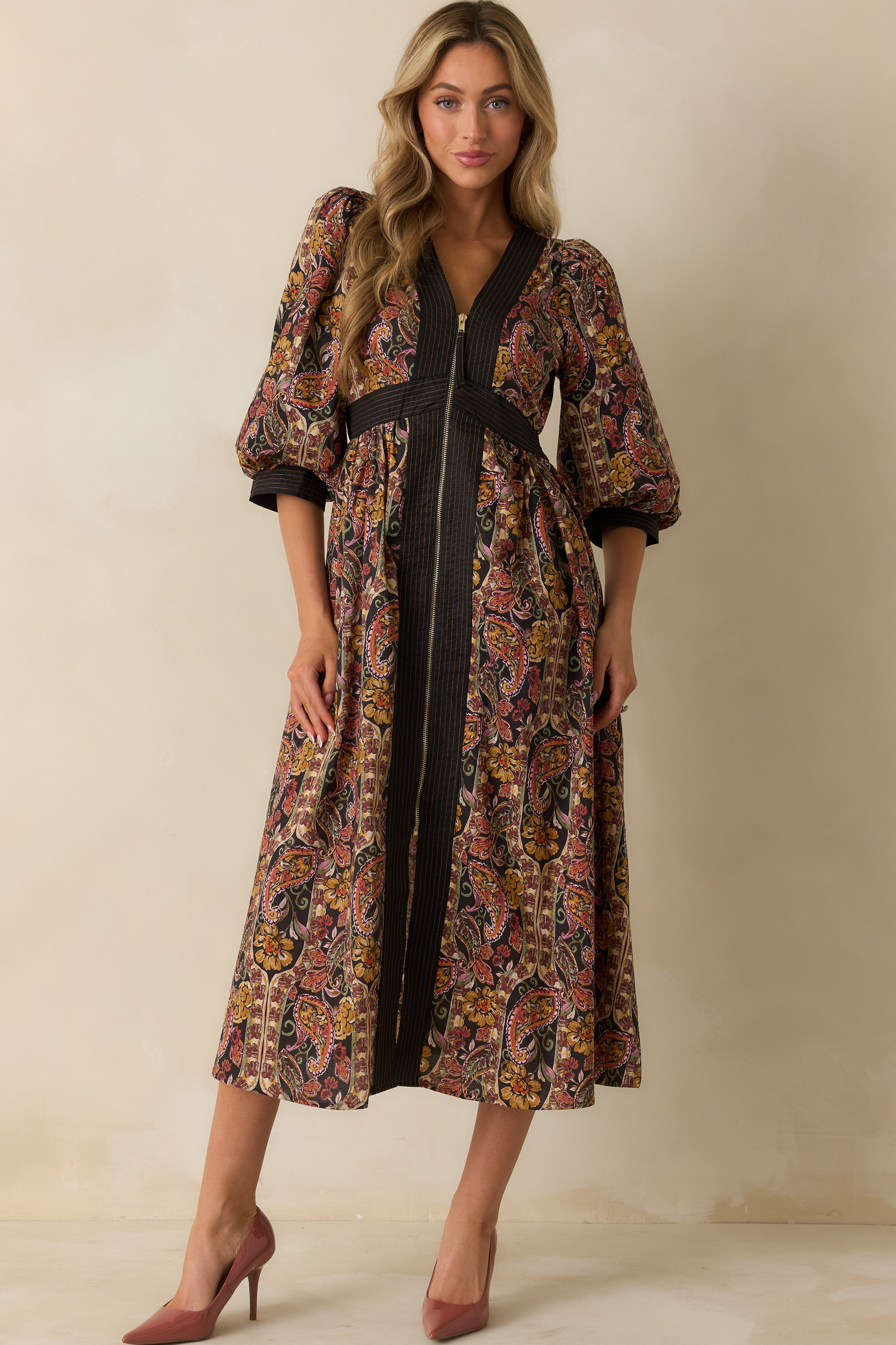 ワンピース Flower Printed Sleeves Dress Black Multi Floral Paisley Print Cotton Zip Up Maxi Dress