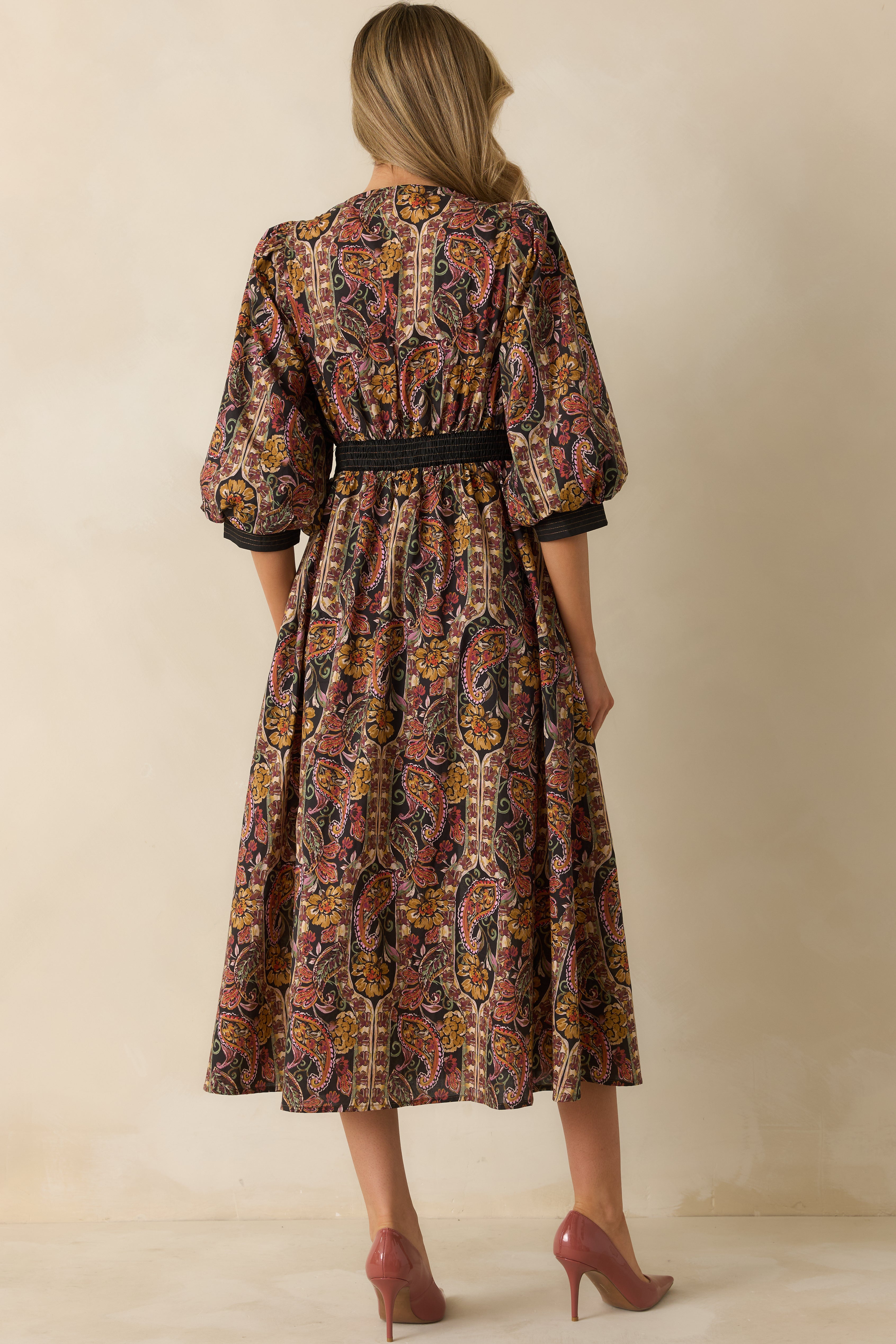 Black Multi Floral Paisley Print Cotton Zip Up Maxi Dress - Women's Dresses 