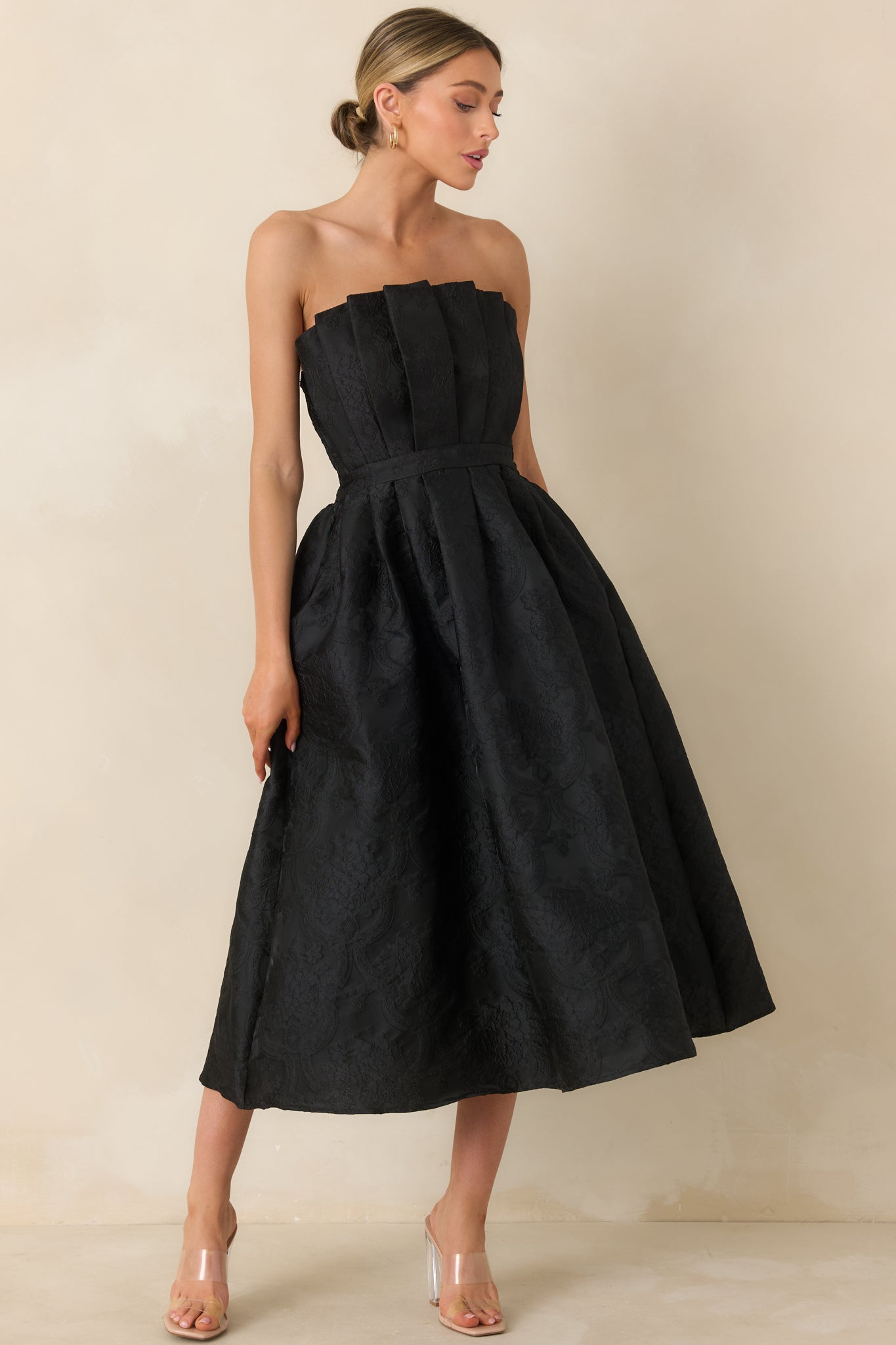 The Genevieve Black Jacquard Strapless Midi Dress - All Dresses