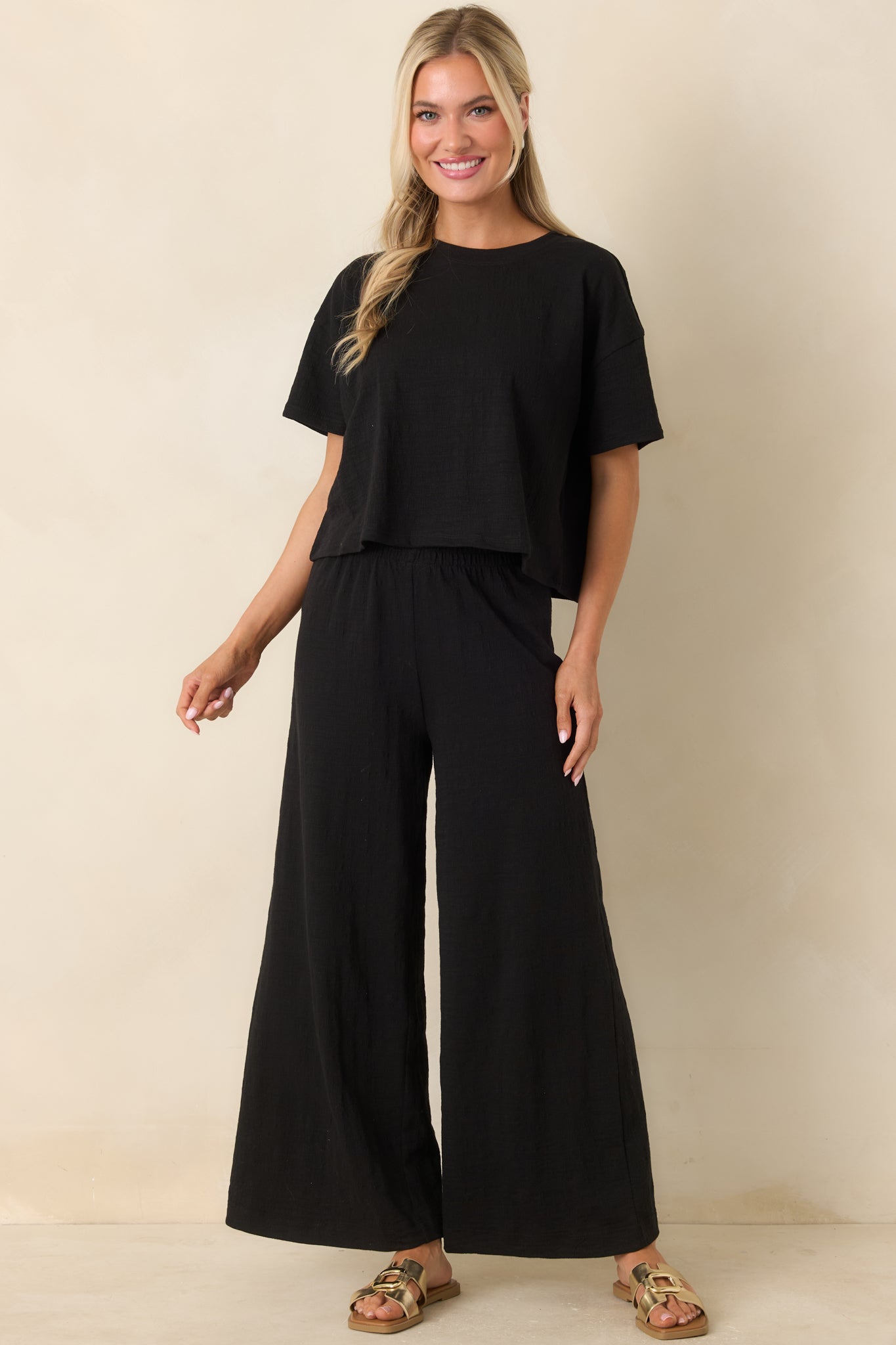Full-length front view of black textured cropped top featuring a boxy silhouette, crew neckline, and short sleeves.