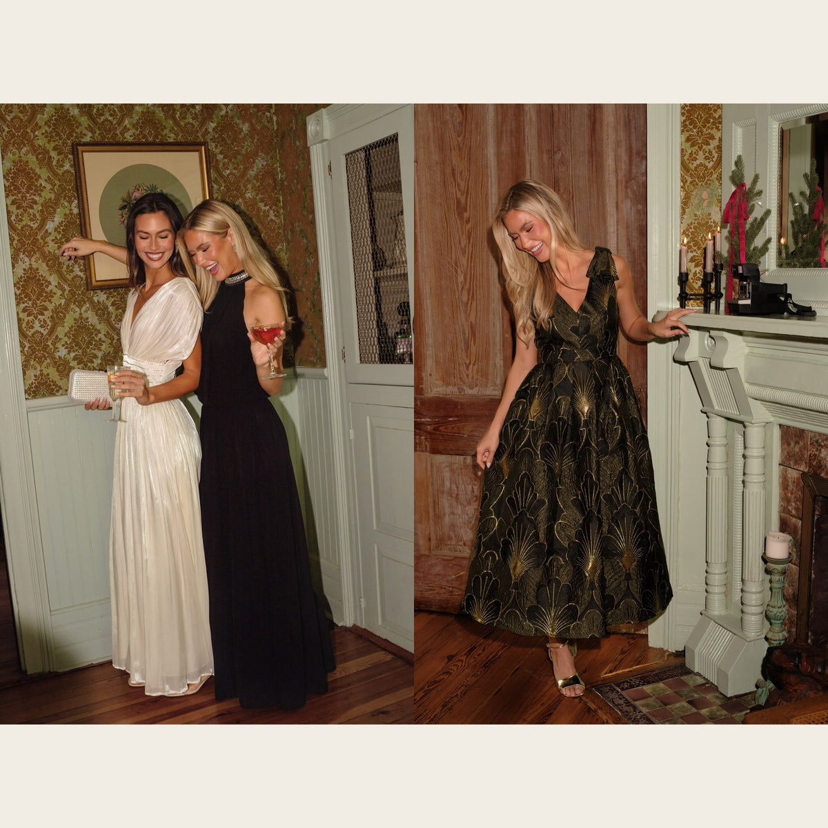 Black tie: an ivory pleated gown with a black halter gown, and an olive and gold floral jacquard gown by the mantel