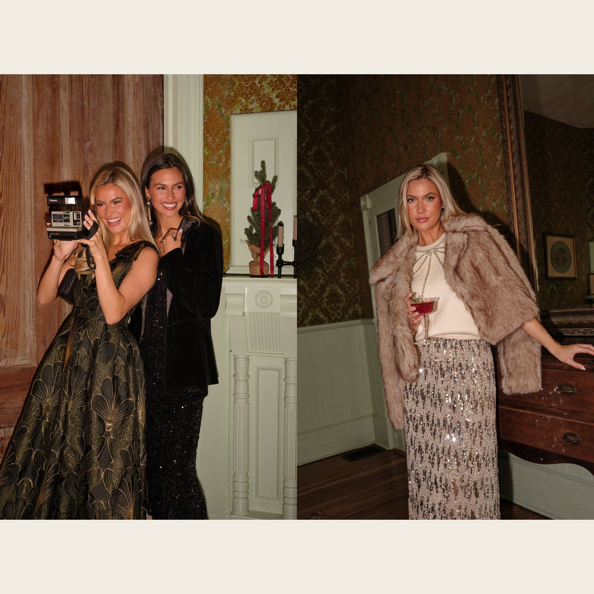 Black tie optional: a gold jacquard gown beside a black velvet blazer over sequins, and a taupe faux fur jacket over a pearl bow top and sequin maxi skirt