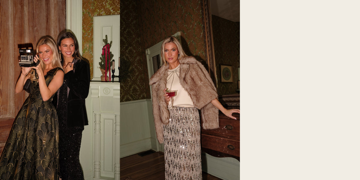 Black tie optional: a gold jacquard gown beside a black velvet blazer over sequins, and a taupe faux fur jacket over a pearl bow top and sequin maxi skirt