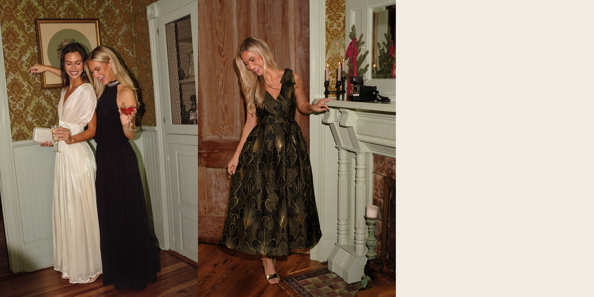 Black tie: an ivory pleated gown with a black halter gown, and an olive and gold floral jacquard gown by the mantel