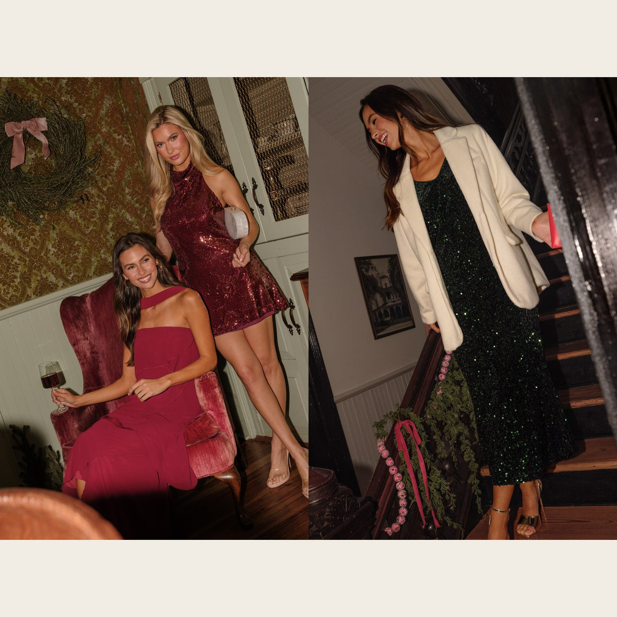 Cocktail attire: a wine one-shoulder midi dress with a wine sequin halter mini, and an emerald sequin midi dress under an ivory blazer