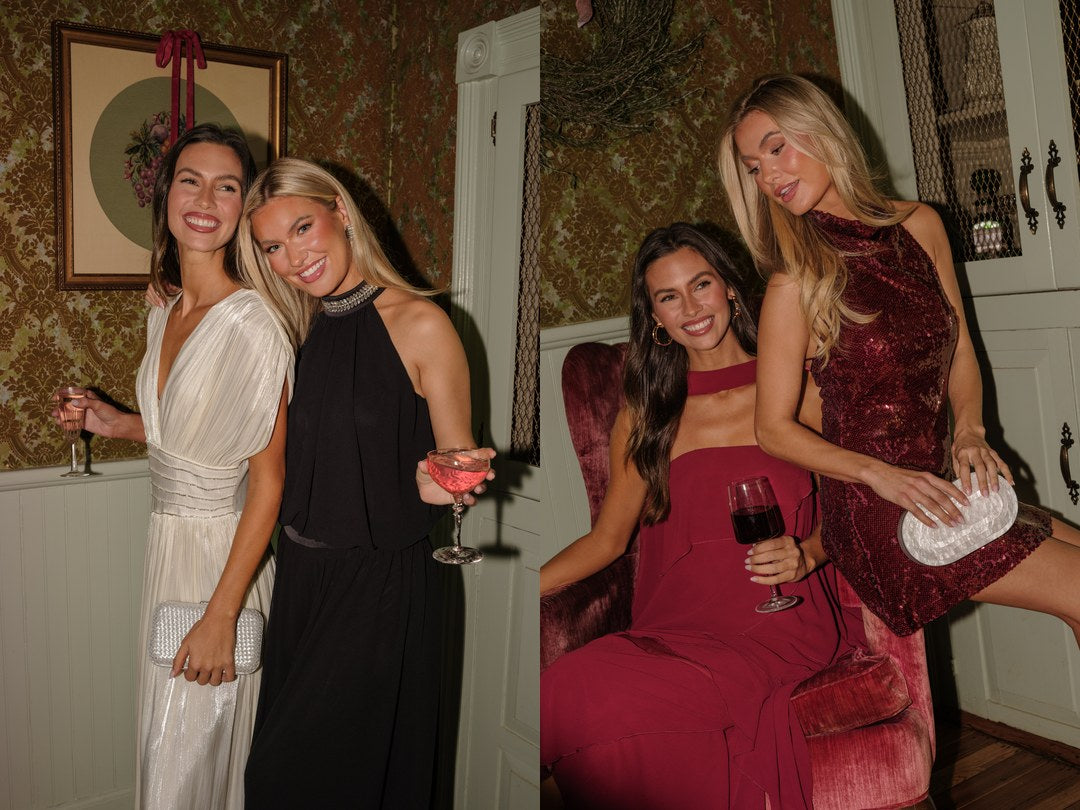 Dress codes explained: ivory and black evening gowns, and a wine one-shoulder midi with a wine sequin mini