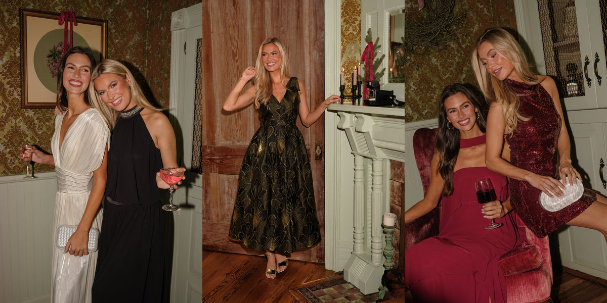 Dress codes explained: ivory and black evening gowns, an olive and gold jacquard gown, and a wine one-shoulder midi with a wine sequin mini