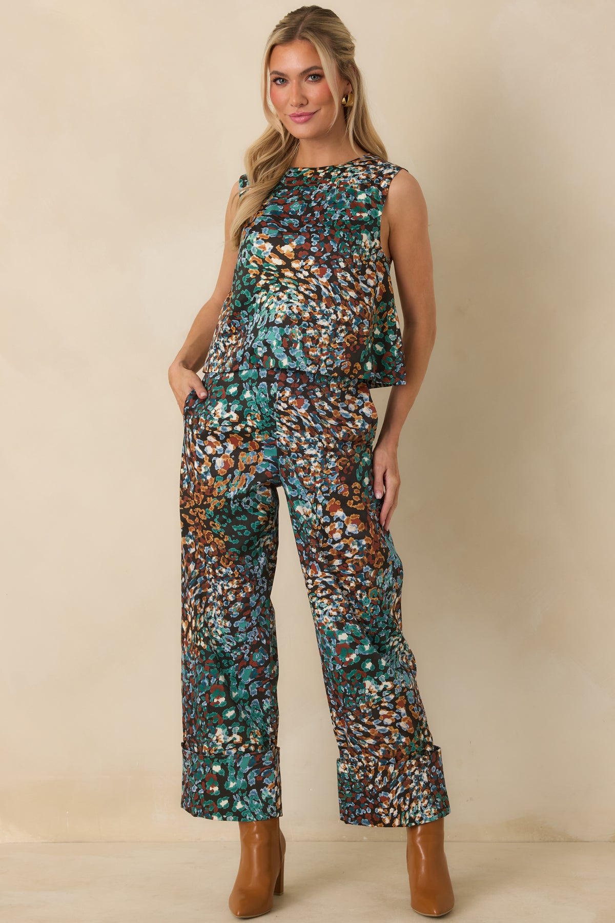 Black top featuring the colorful Urban Jungle print in rich green, blue, rust, and ivory.
