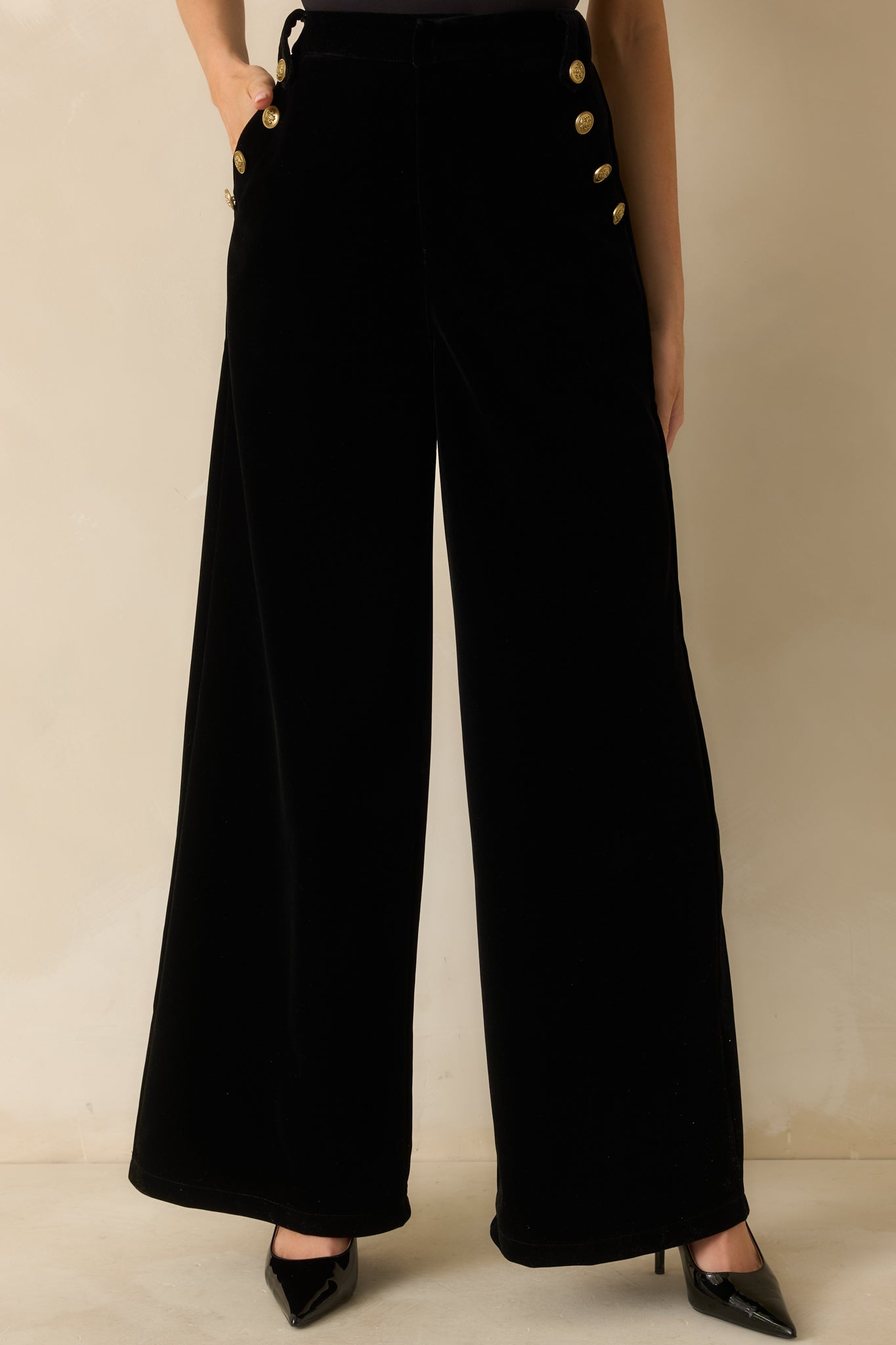 Black Velvet Button Accent Wide Leg Pants - Women's Bottoms