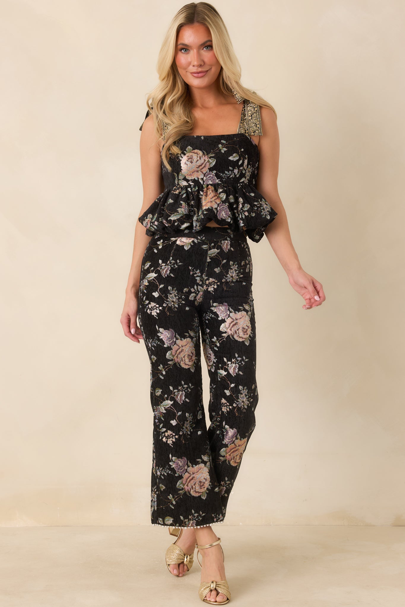 Jasmine Black Floral Jacquard Ankle Pants | En Saison