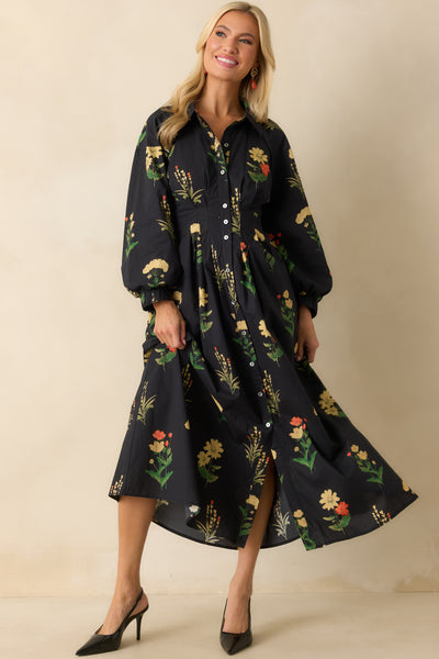 black floral fall dress Endlessly Charmed Multi Print Cotton Button Front Maxi Windsor Black Dress | line silhouette and high Filter_Style_B_Breast Feeding Friendly Color:India Ink Stripe