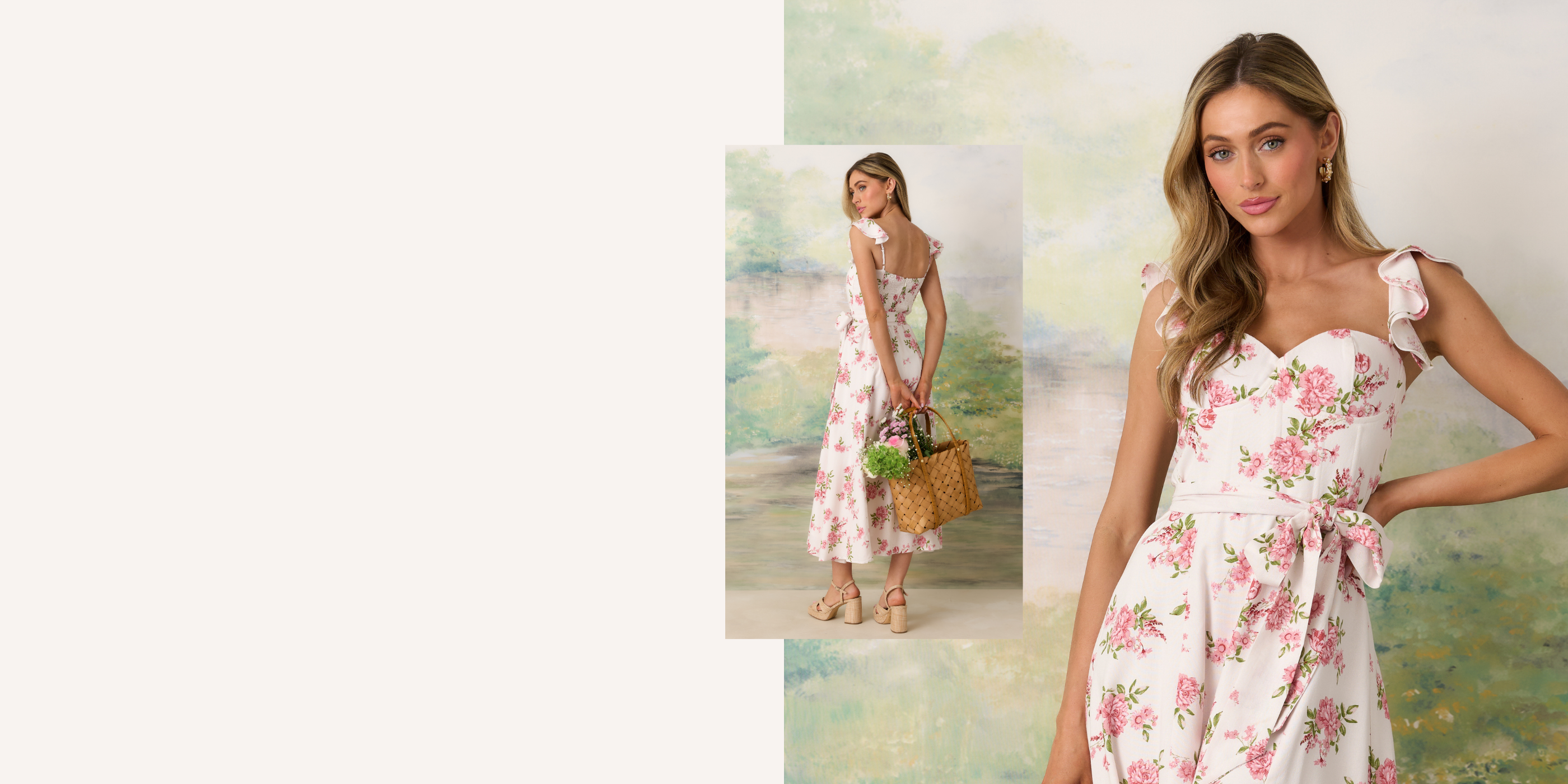 Woman wearing a pink and ivory floral dress with a basket, standing against a scenic background.