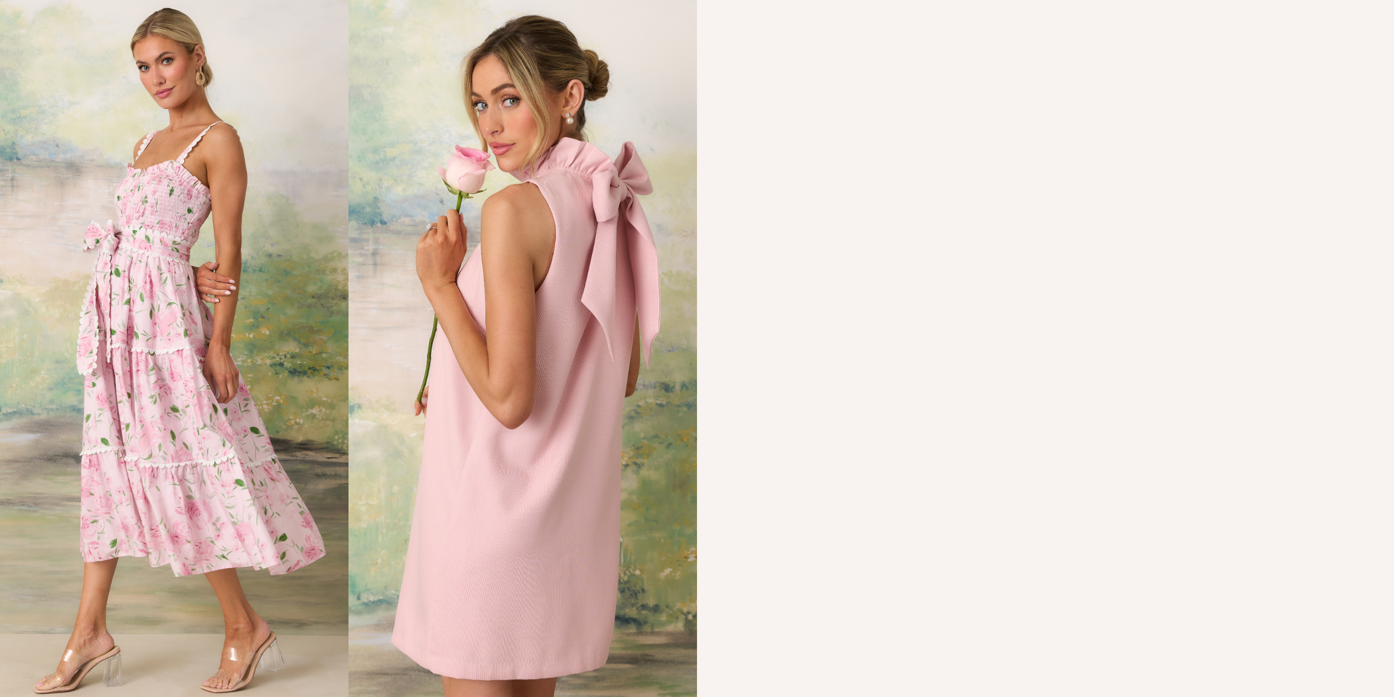 One woman in a pink, smocked midi dress with a pink floral print. A second woman in a pink, tweed mini dress with a ruffled collar and a bow tied behind the neck. 